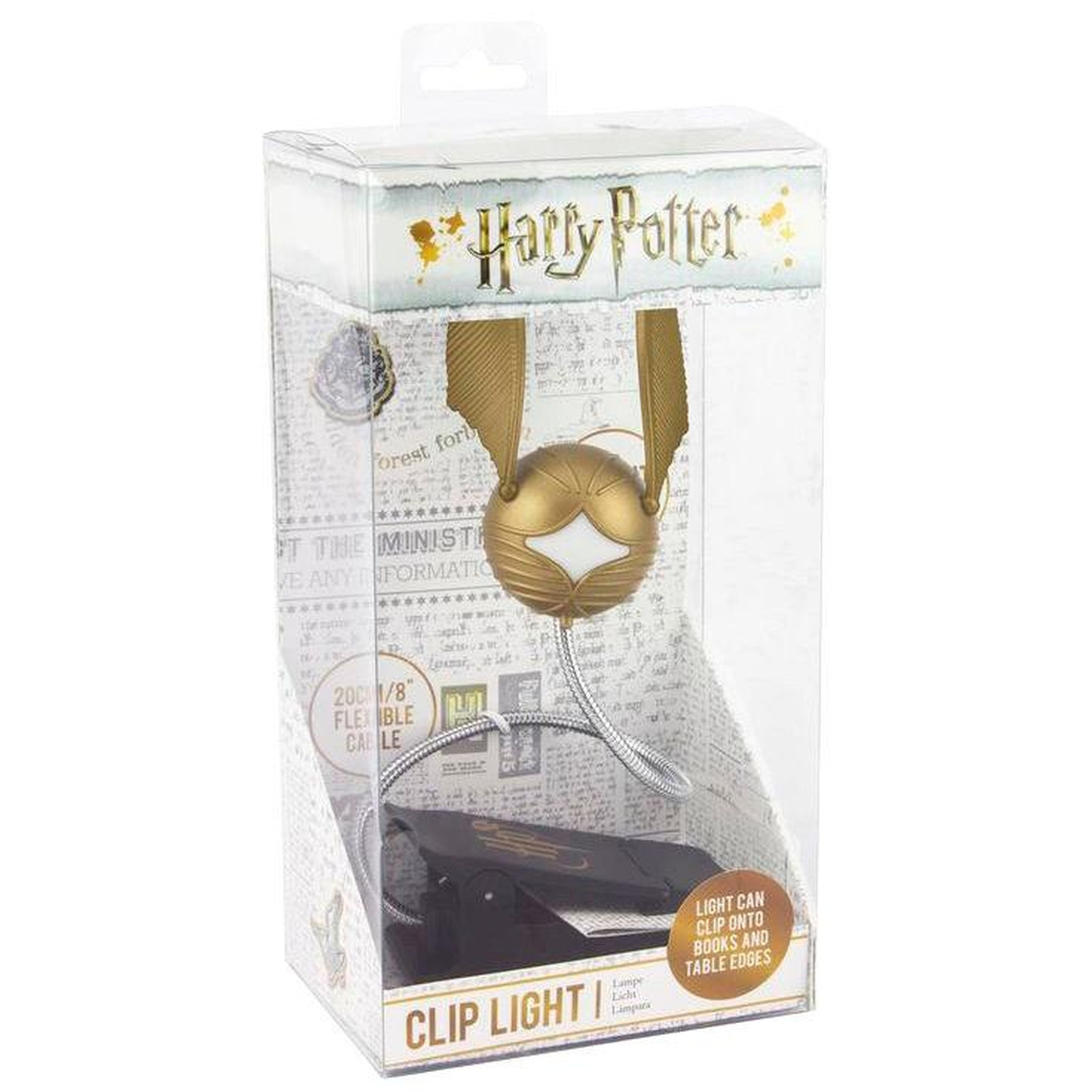 Lampka klips Harry Potter Znicz w opakowaniu ze złotymi skrzydłami i elastycznym uchwytem.