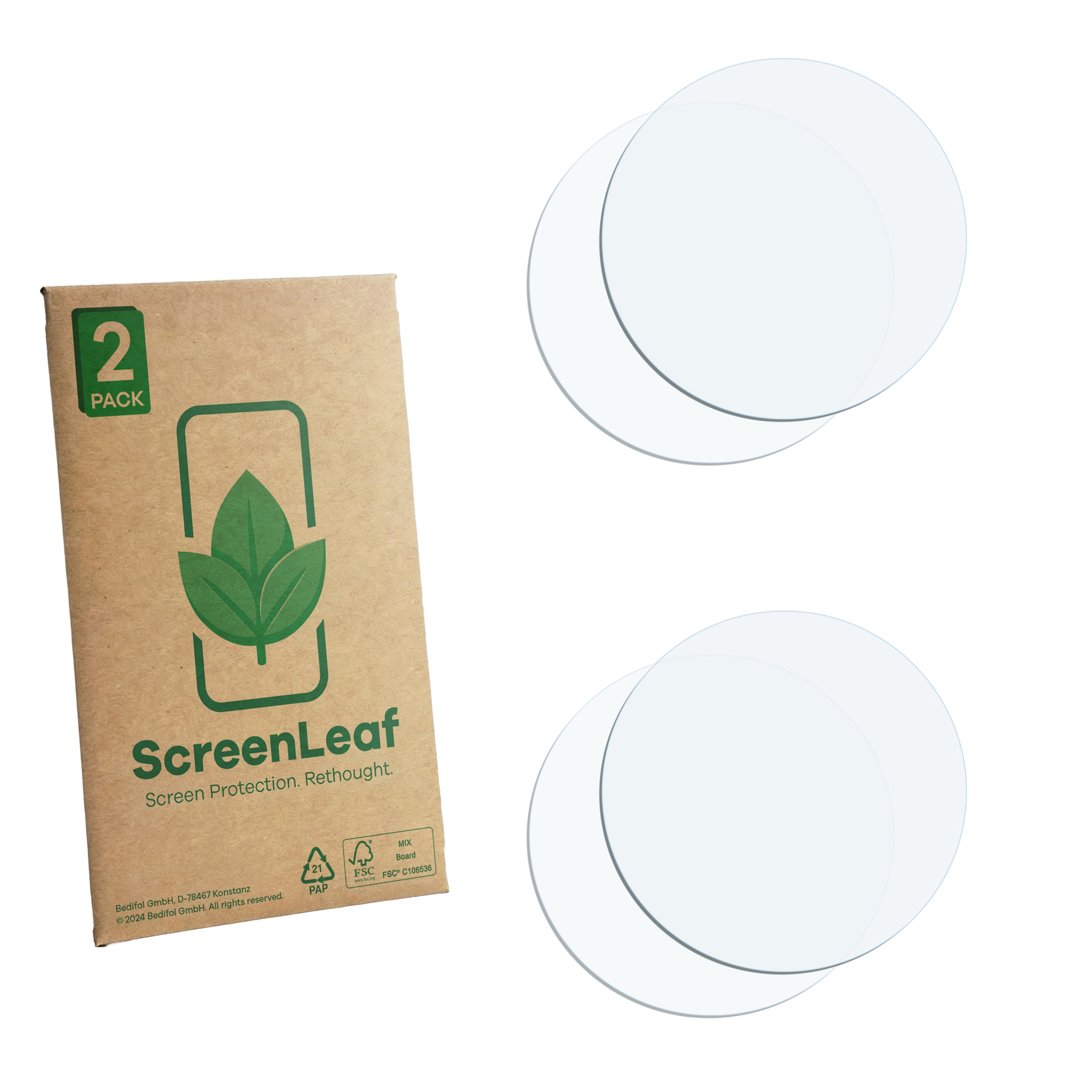Eine Packung mit zwei runden Displayschutzfolien neben einer braunen Kartonverpackung.