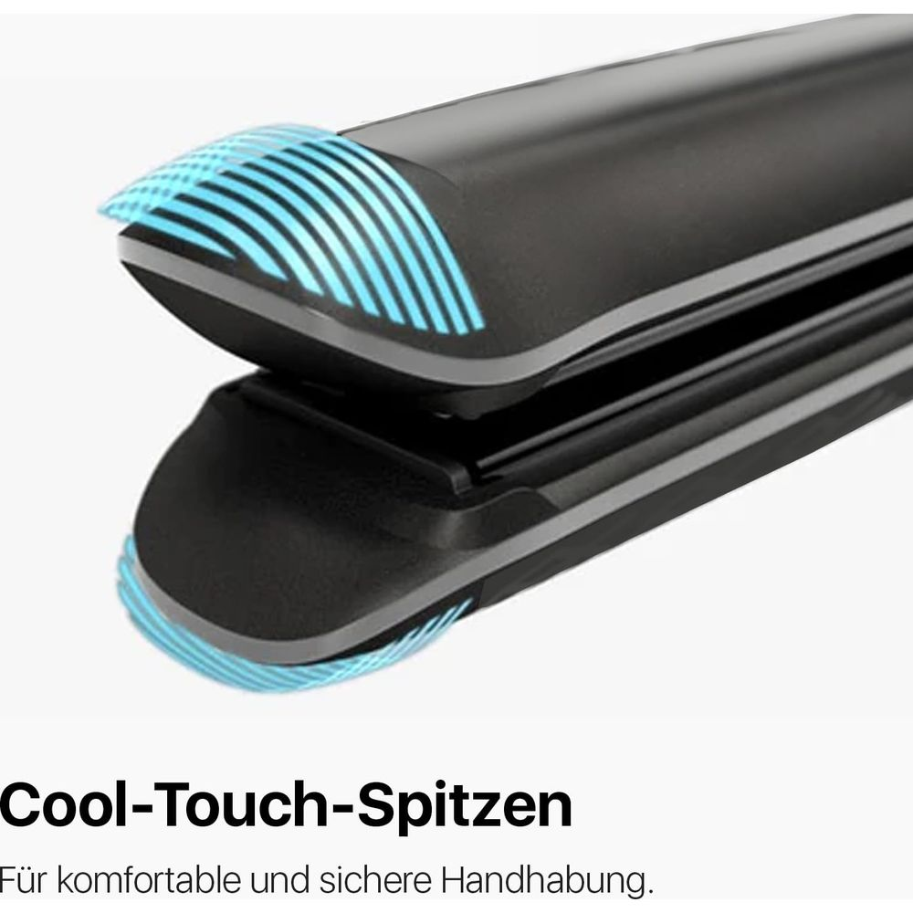 Schwarzer Haarglätter mit blau leuchtenden Spitzen für sichere Handhabung.