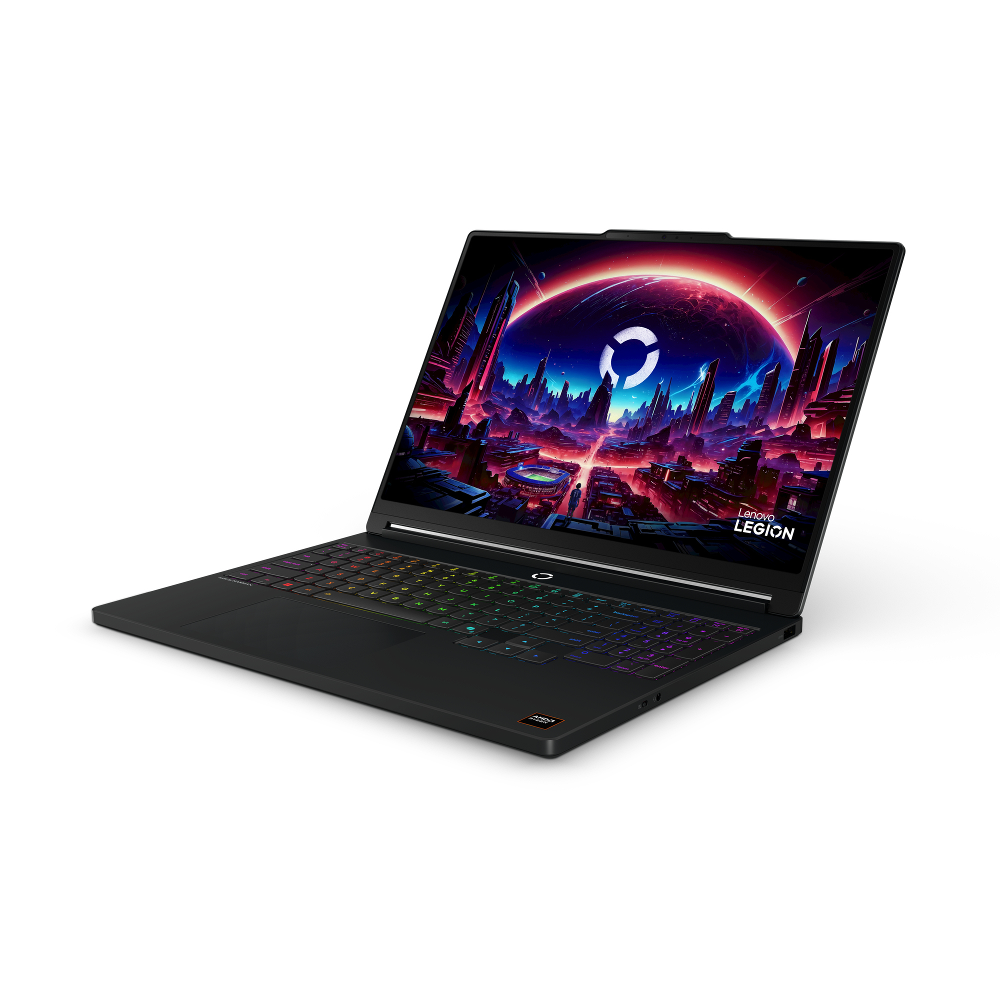 Laptop nero con tastiera colorata e sfondo schermo futuristico.