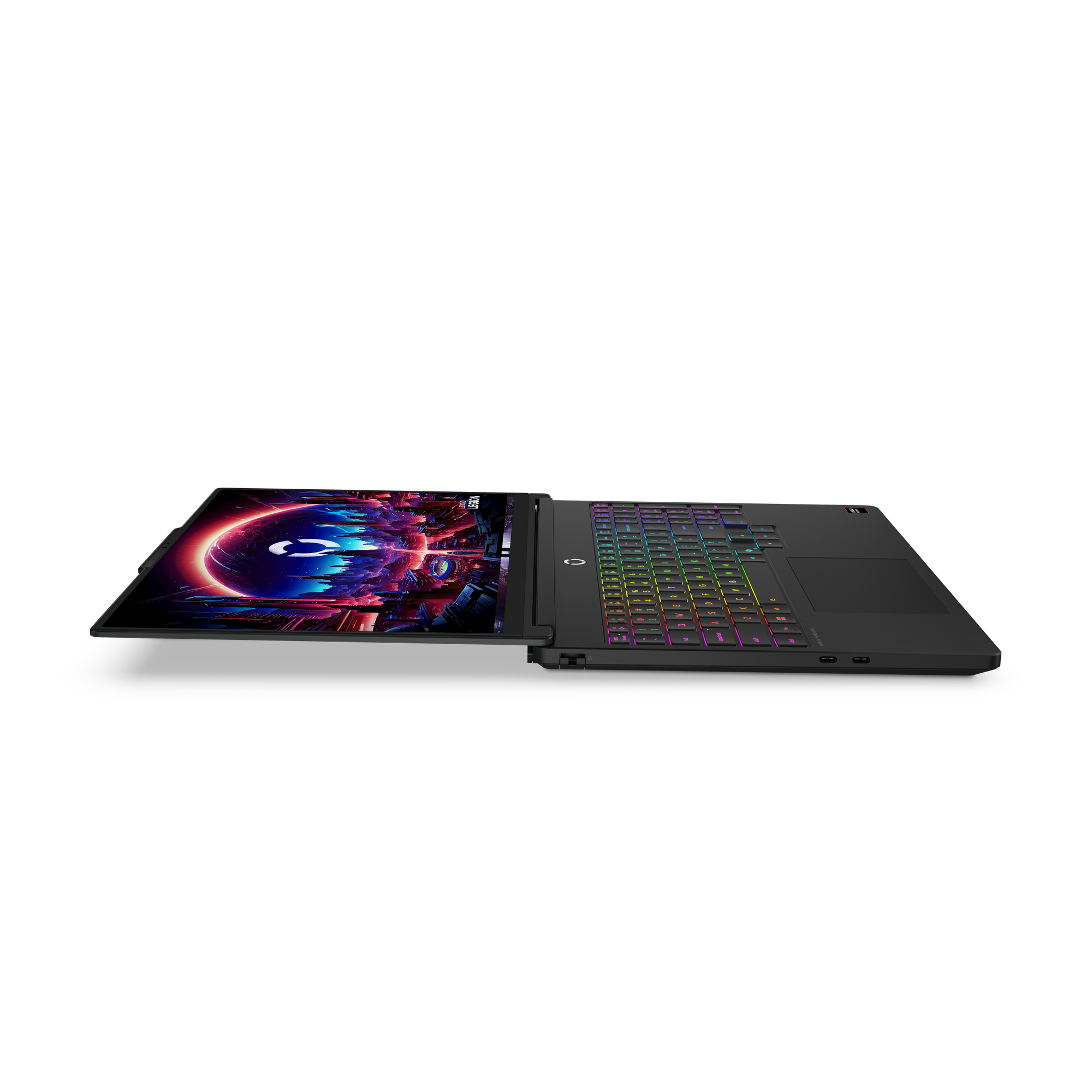 Un laptop nero con tastiera RGB e schermo vivido e luminoso.