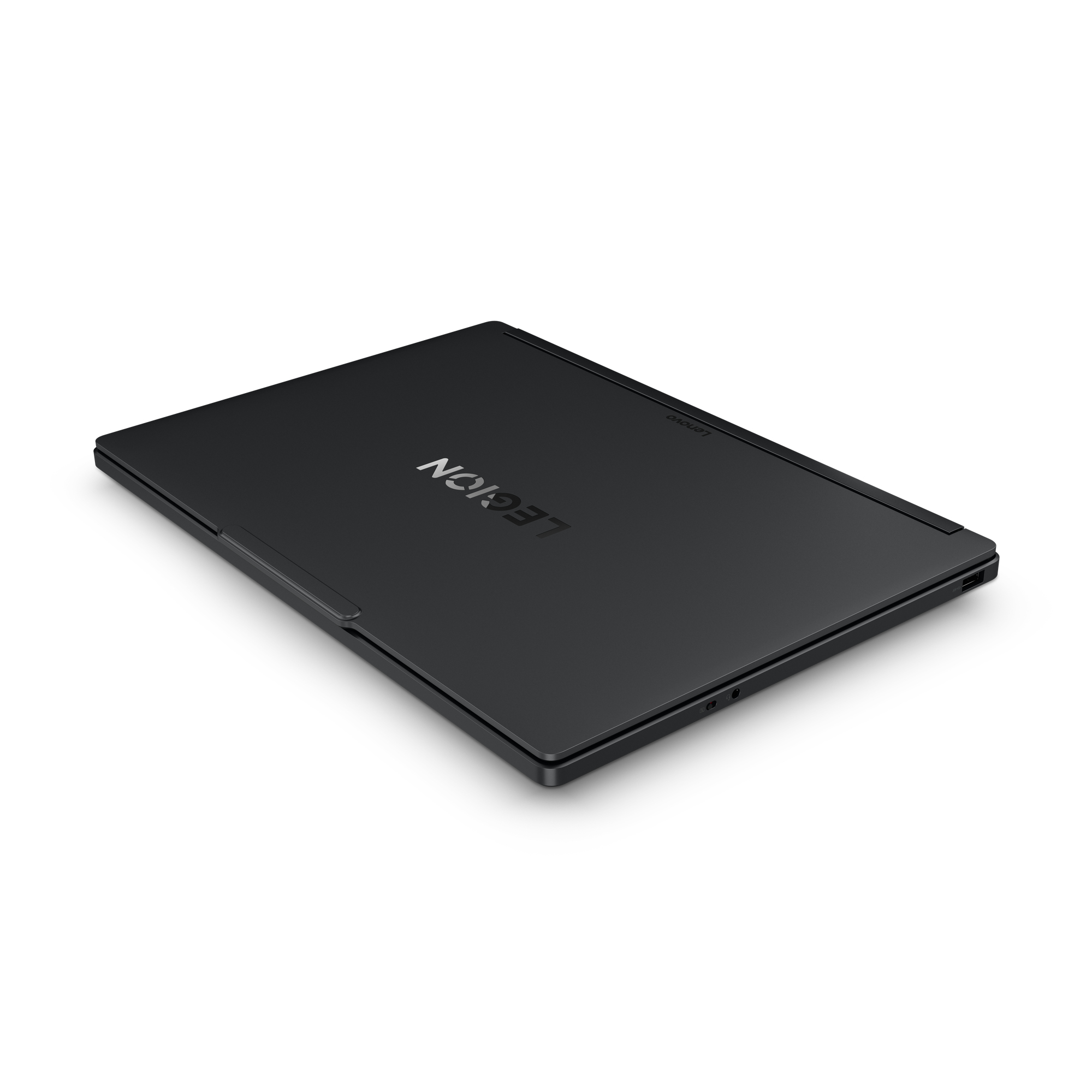 Laptop nero chiuso con logo "LEGION" e testo Lenovo.