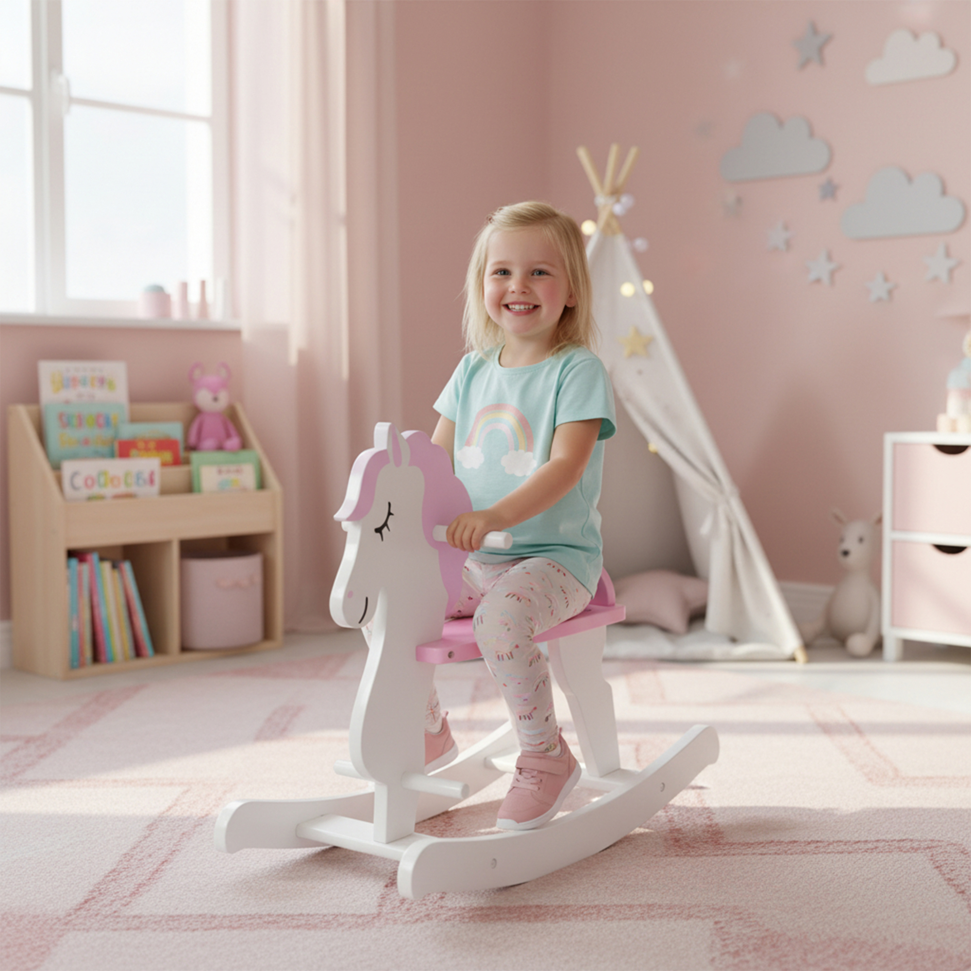Una niña sonríe montando un caballito balancín blanco de unicornio en una habitación rosa.