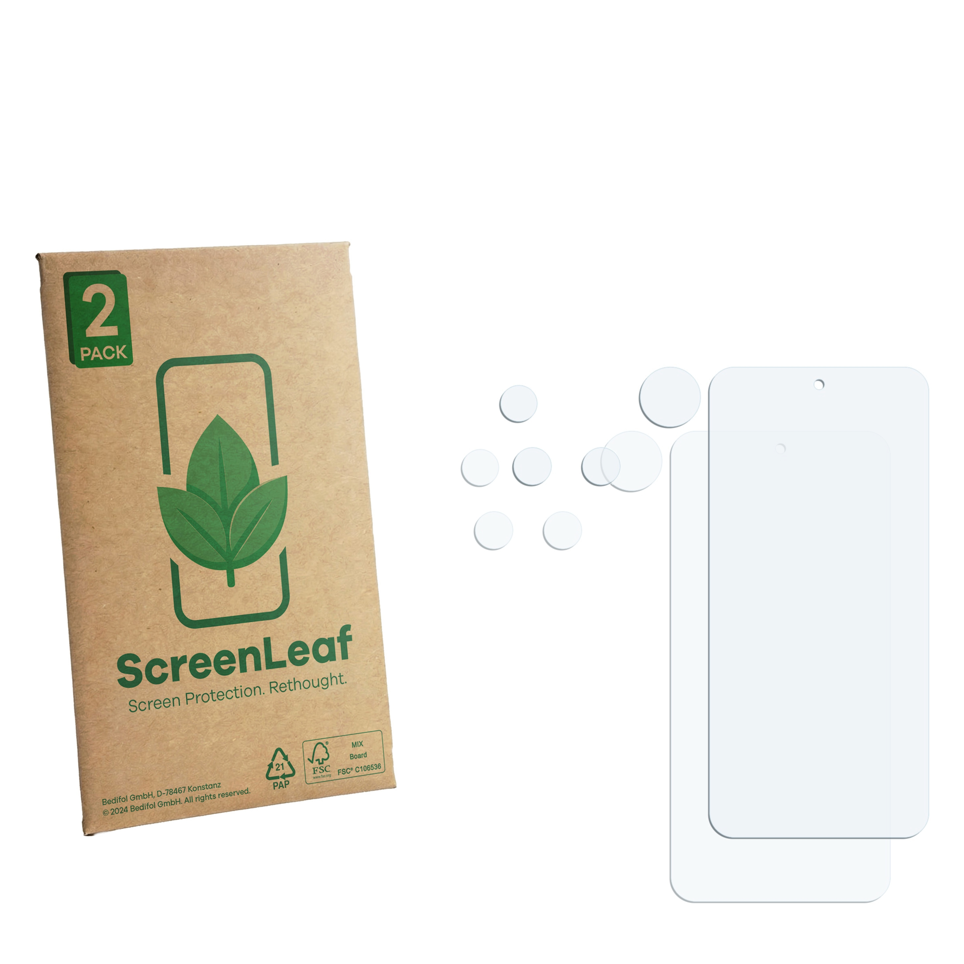 Zwei Displayschutzfolien und eine Packung für ScreenLeaf.