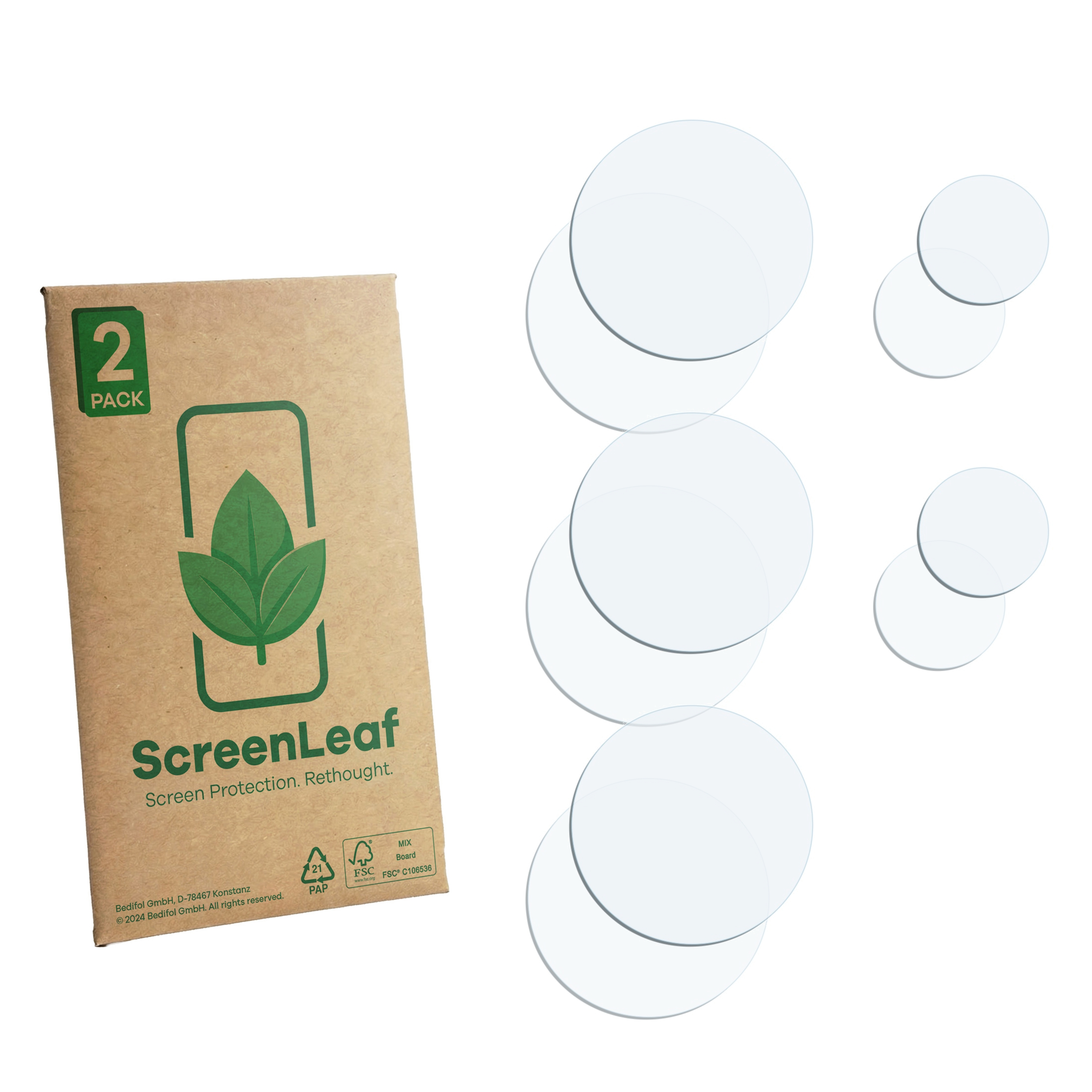 Eine Packung mit 2 Displayschutzfolien und mehreren runden Glaslinsen auf weißem Hintergrund.