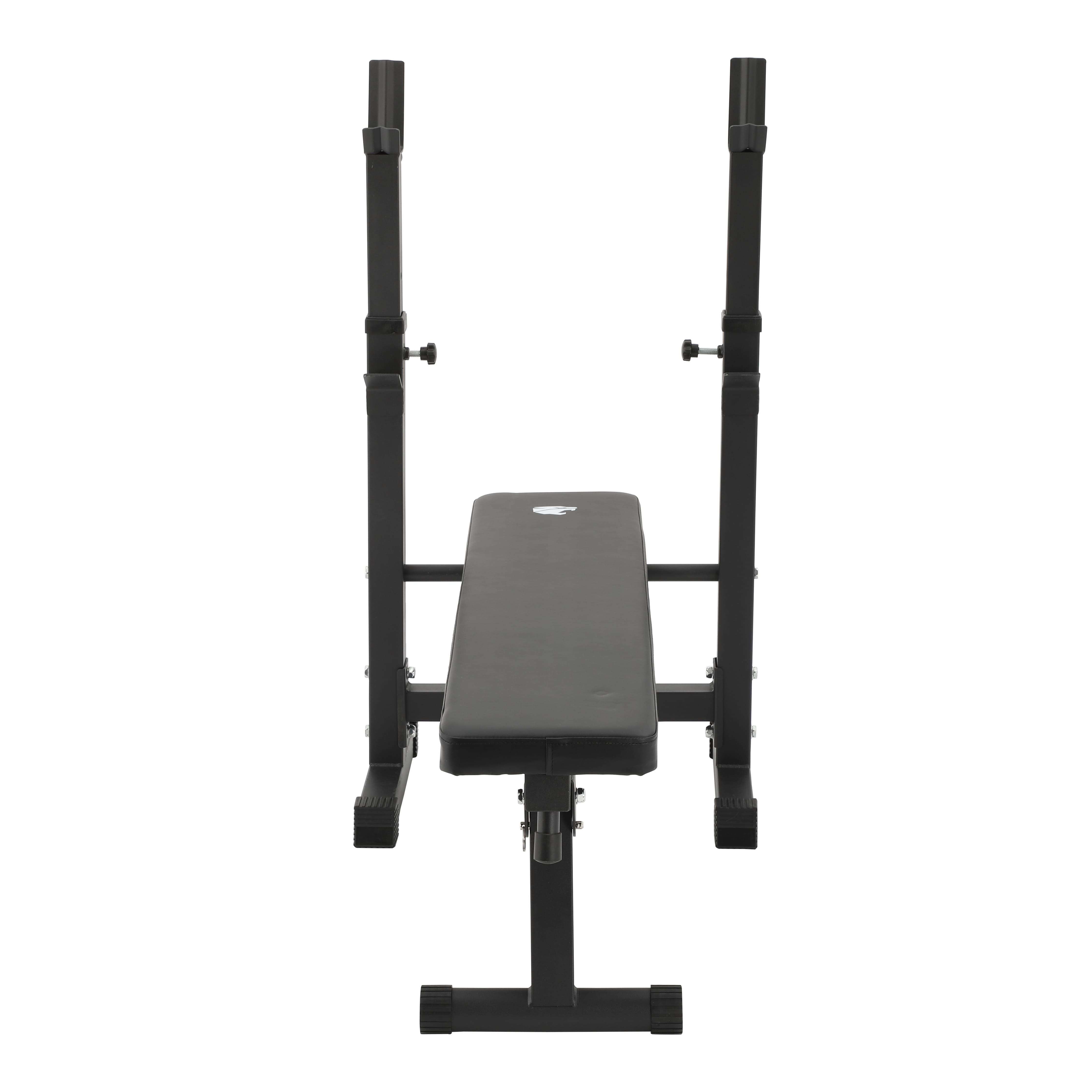 Banco de pesas negro con soportes ajustables y asiento acolchado.