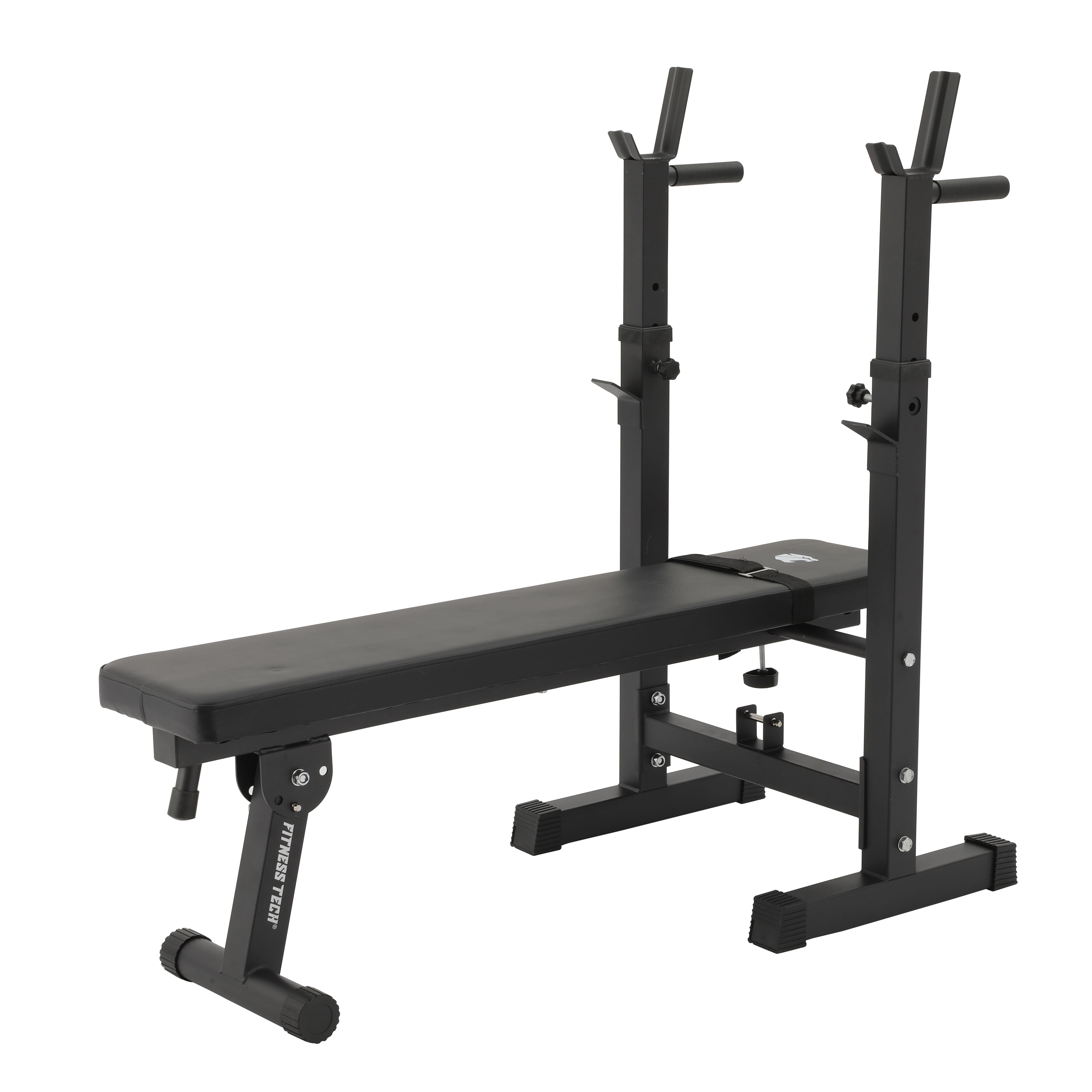 Banco de pesas negro con soportes ajustables para barras y asiento acolchado.
