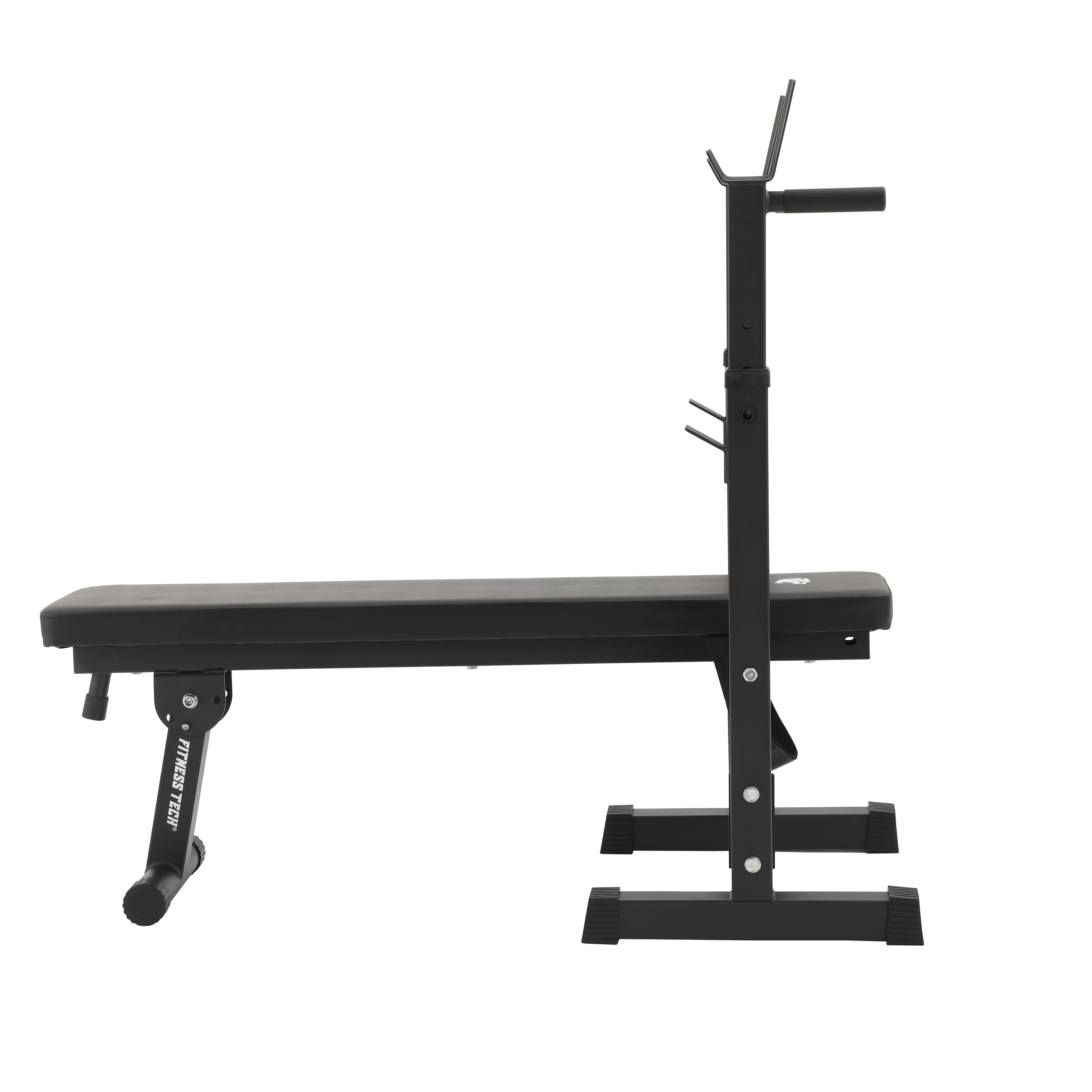 Banco de pesas negro con asiento acolchado y soportes ajustables.