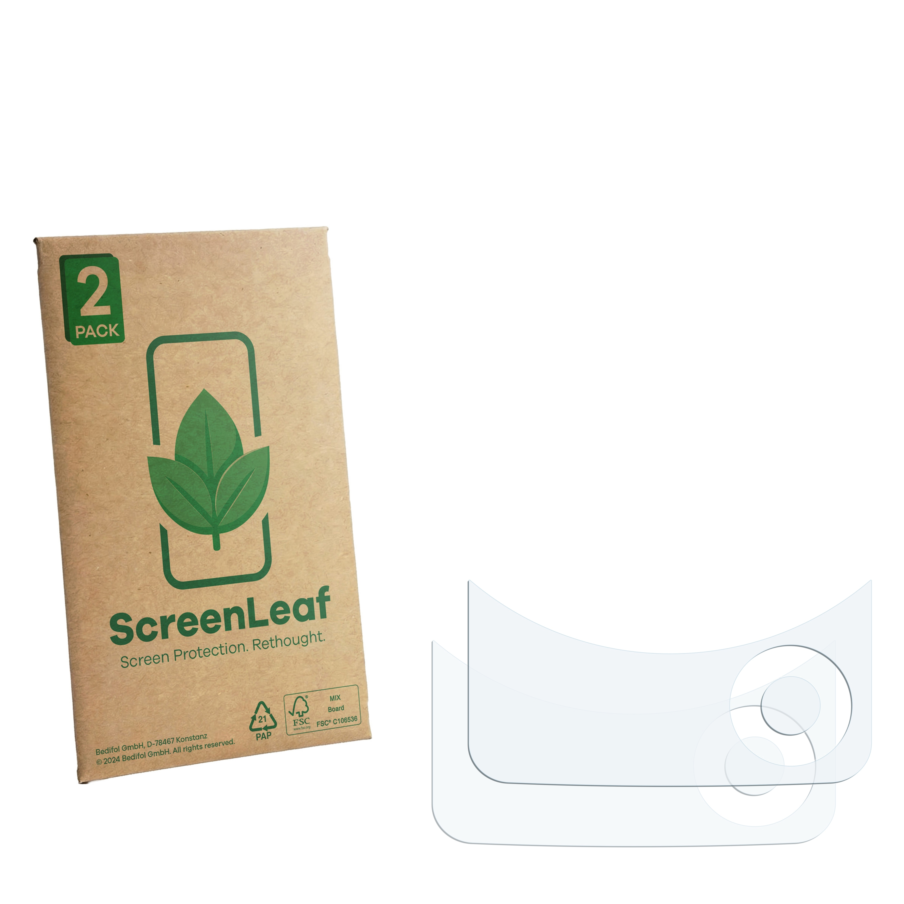 Zwei klare Displayschutzfolien neben einer braunen Verpackung mit einem grünen Blatt.