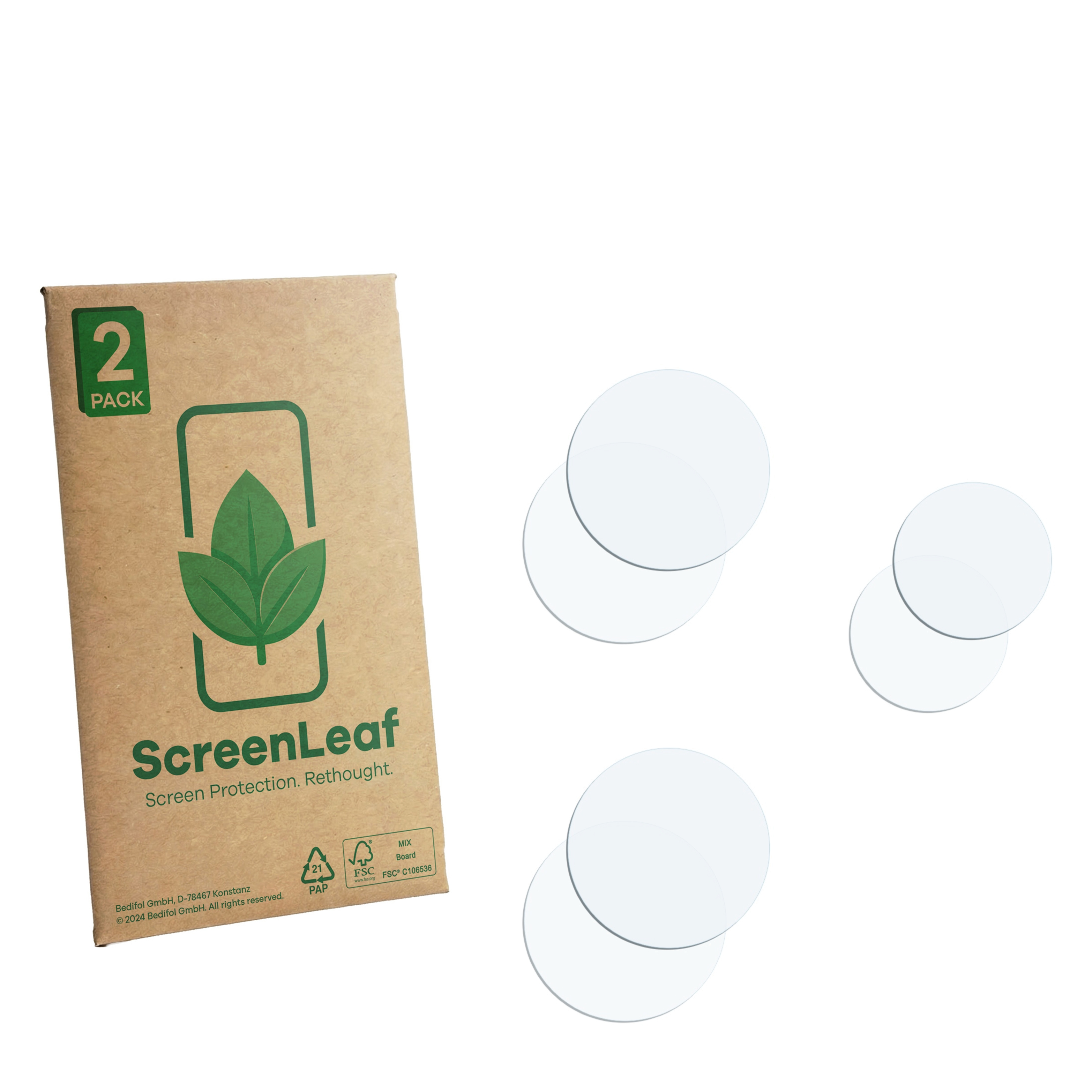 Eine braune Packung mit "ScreenLeaf" und drei runden, klaren Displayschutzfolien.