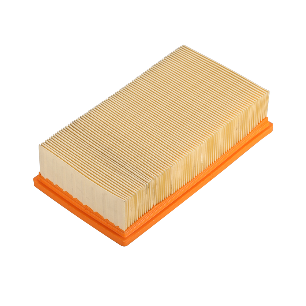 Een rechthoekig luchtfilter met een oranje frame en beige plooien.