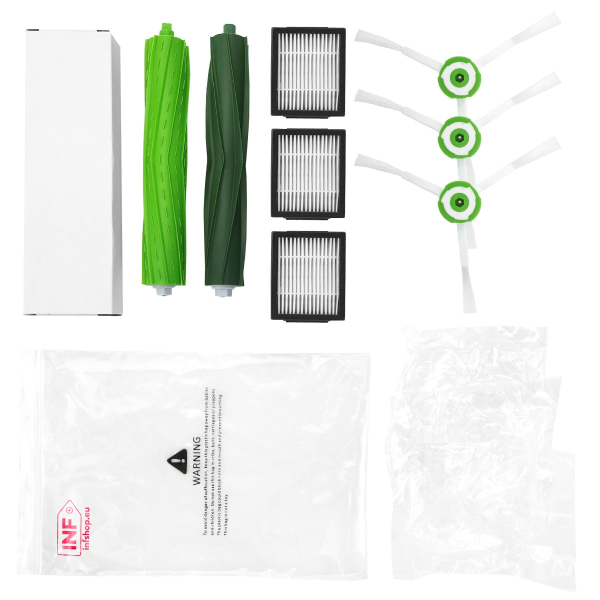 Piezas de aspiradora: rodillos verdes, filtros, cepillos y bolsas plásticas.