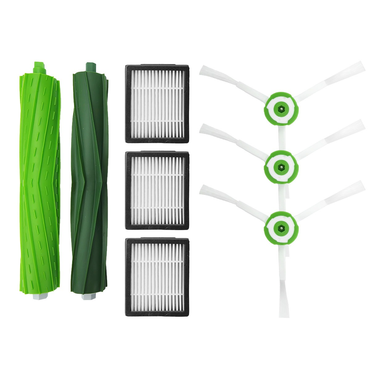 Piezas verdes para aspiradora: dos rodillos, tres filtros y tres cepillos laterales.