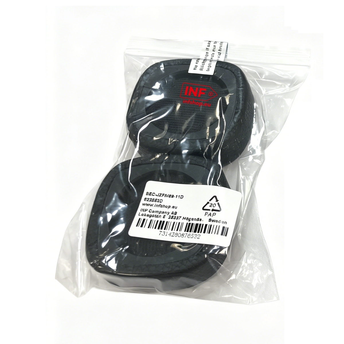 Schwarze Kopfhörerpolster in einer Plastiktüte mit Etikett.