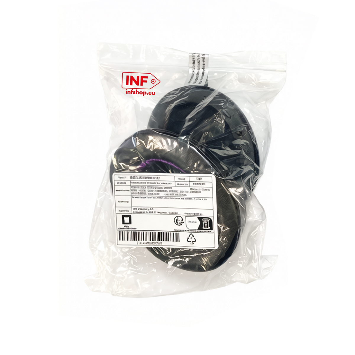 Schwarze Hausschuhe in transparenter Verpackung mit Etiketten und Barcode.