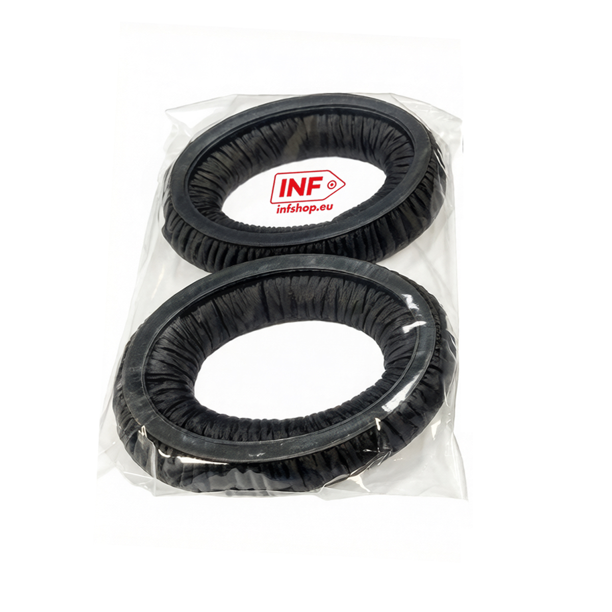 Due cuscinetti neri per cuffie in confezione di plastica con logo INF.