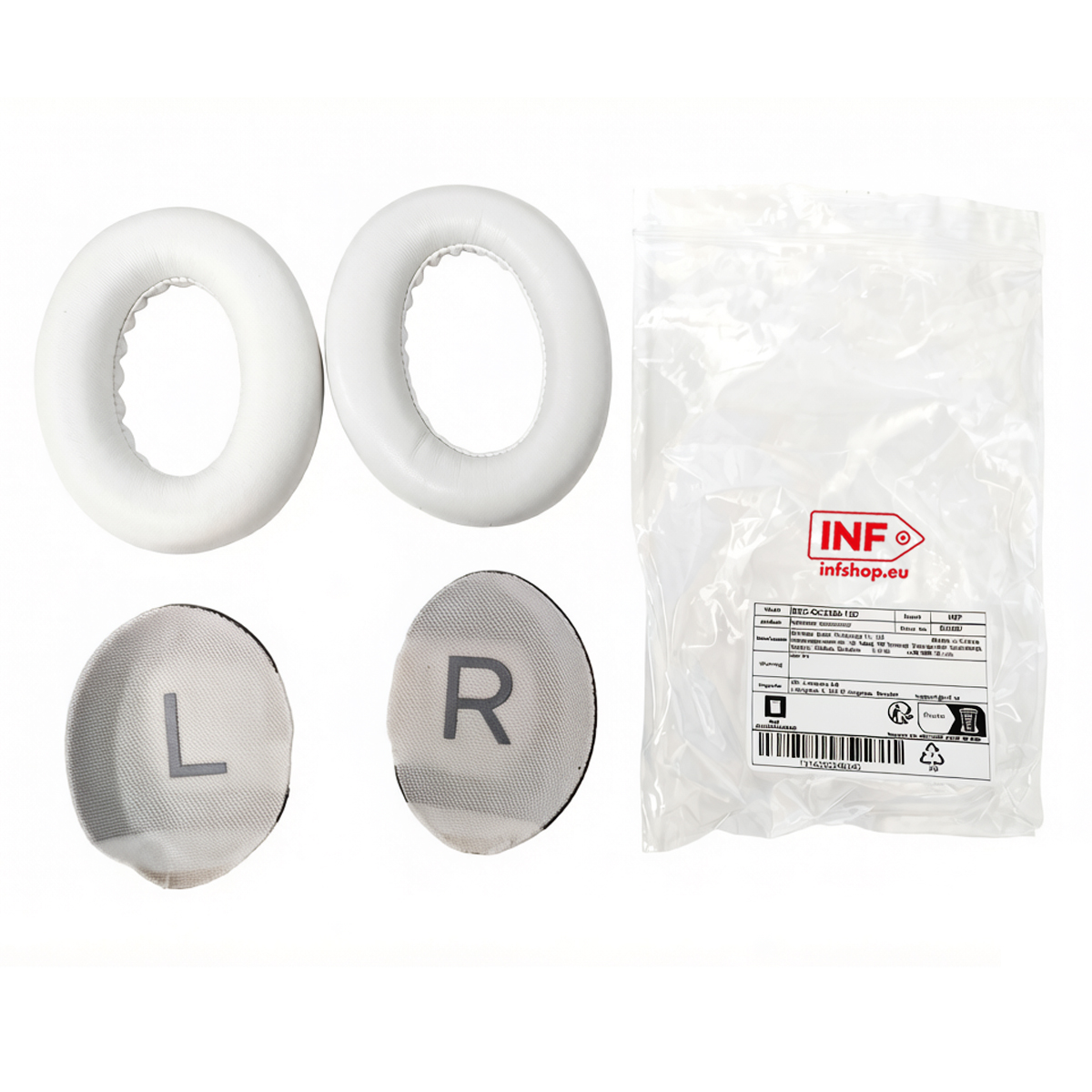 Weiße Ohrpolster und L/R-Einsätze daneben, rechts eine verpackte Ware.