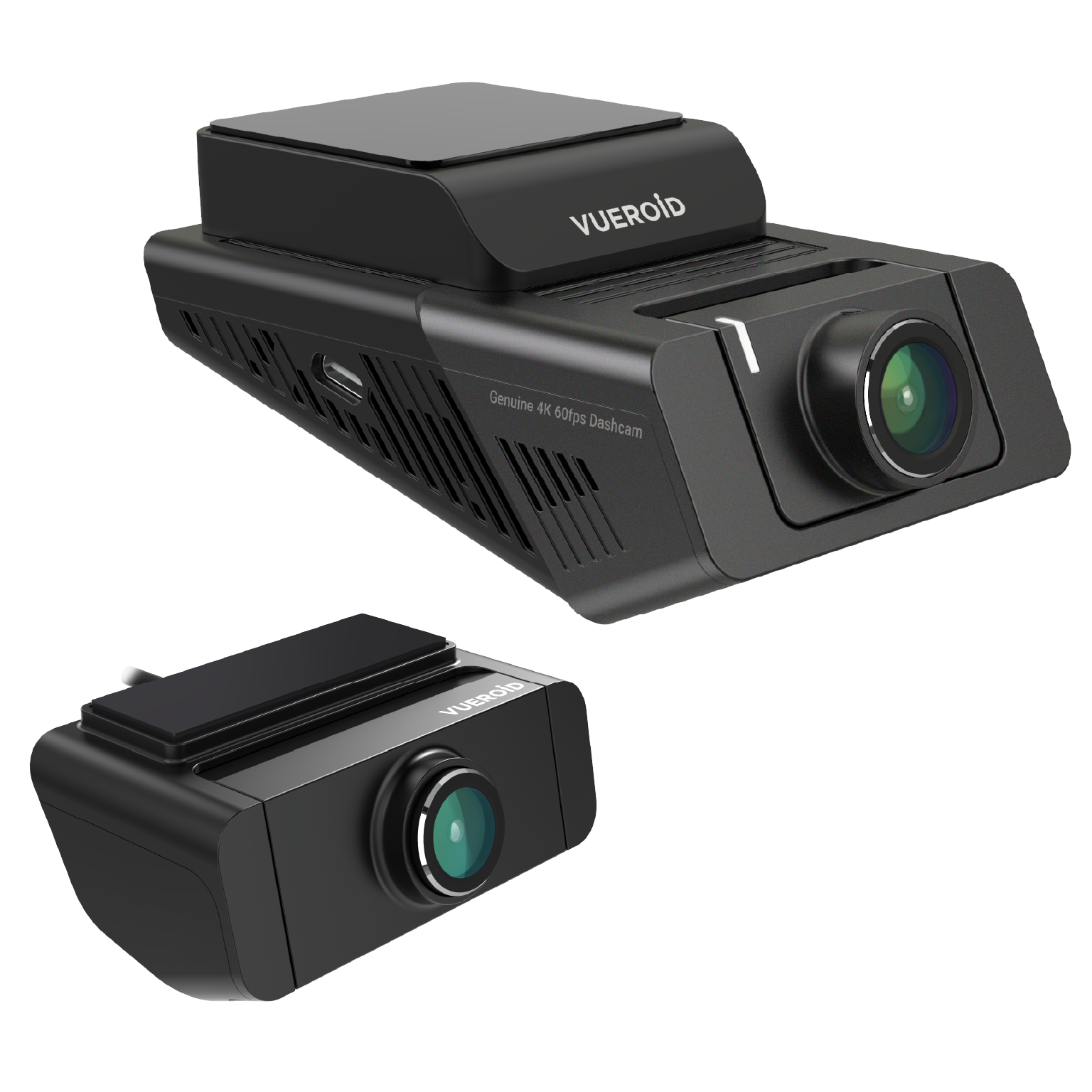Twee zwarte dashcams op een zwarte achtergrond. Eén grotere bovenaan, één kleinere onderaan.