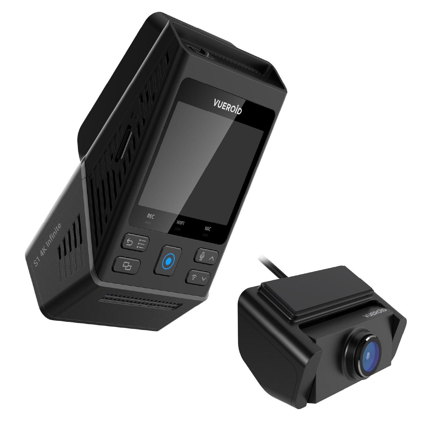 Twee zwarte dashcams, één met scherm en knoppen, de ander kleiner met lens.