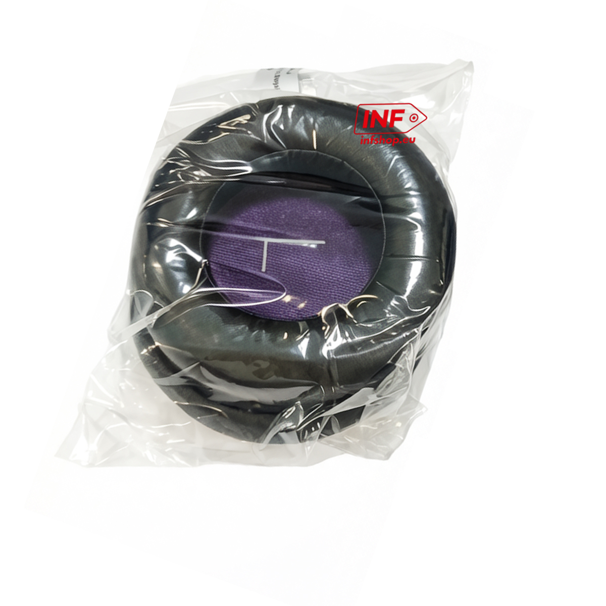 Schwarze Kopfhörermuschel mit violetter Mitte, verpackt in Plastik.