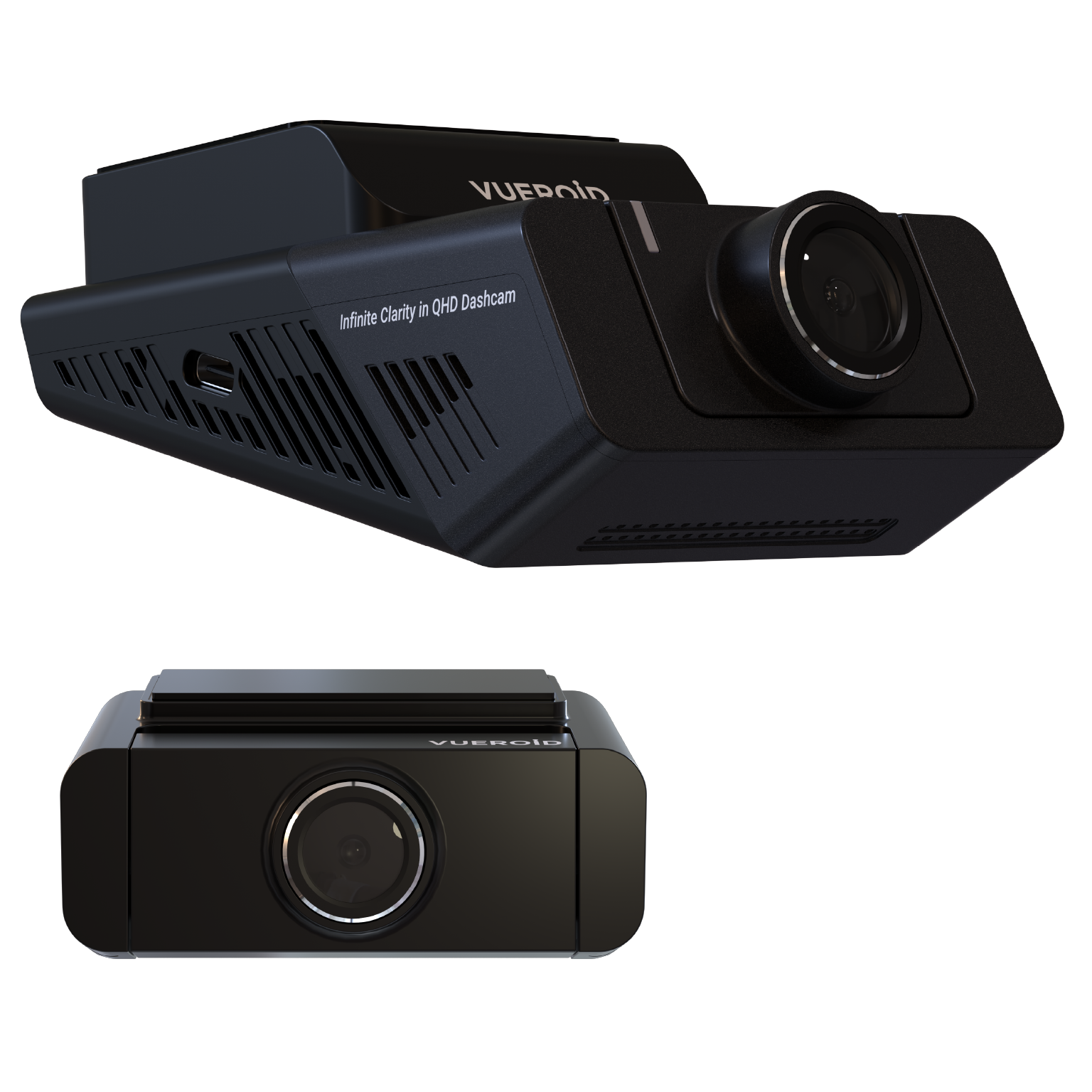 Twee zwarte VUEBOID dashcams getoond vanuit verschillende hoeken op zwarte achtergrond.