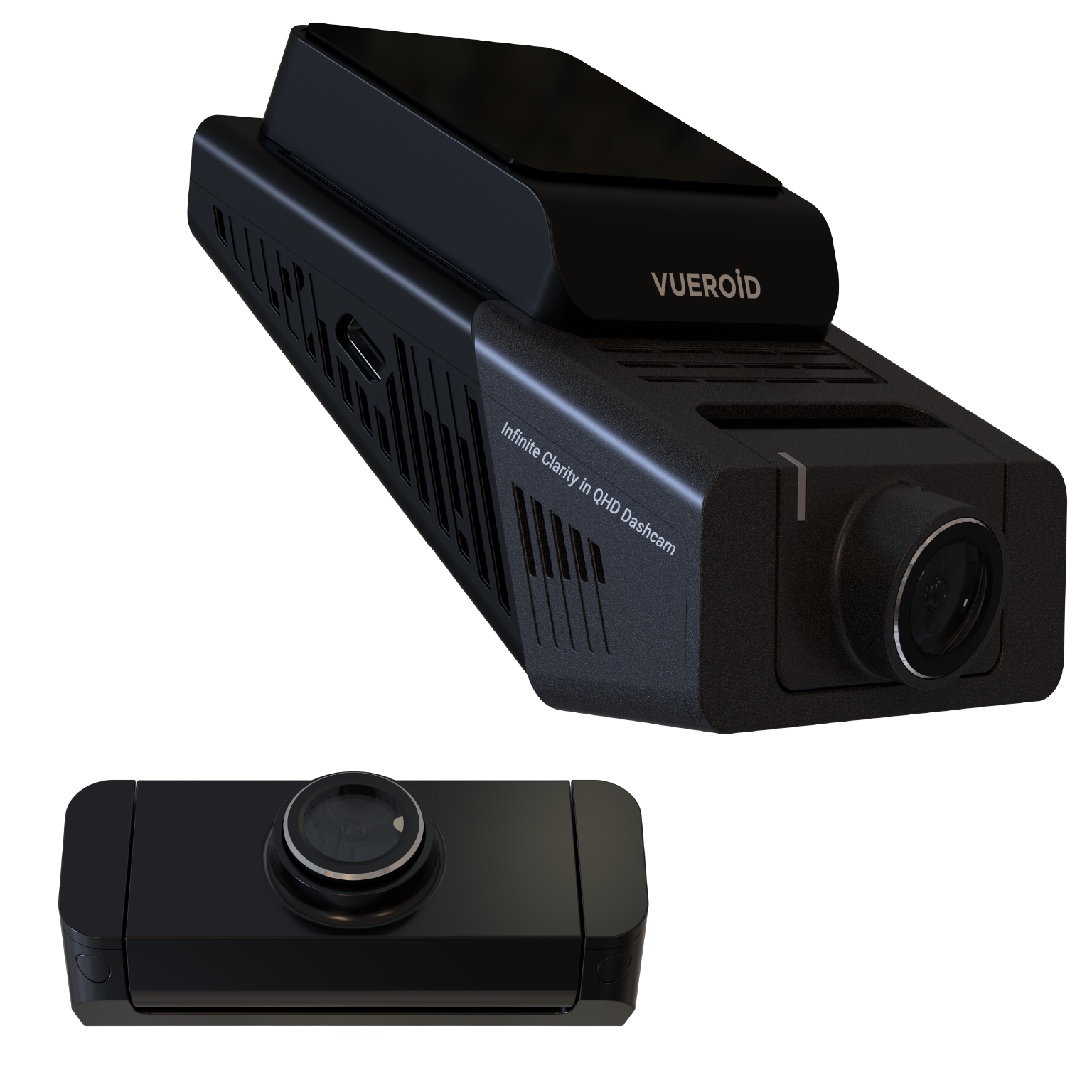 Twee zwarte Vueroid dashcams op een zwarte achtergrond.