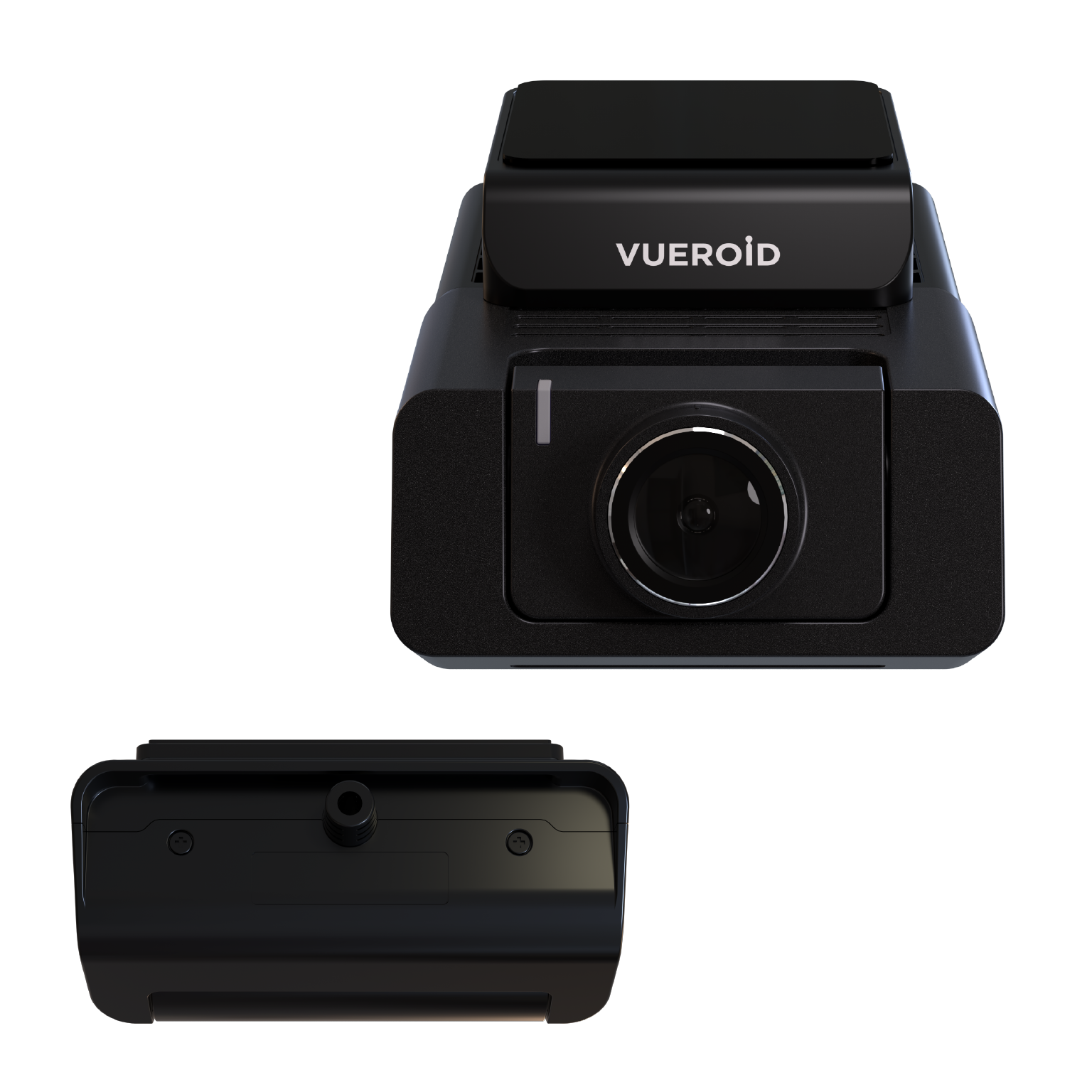 Een zwarte Vueroid dashcam set, van voren en van onderen getoond.