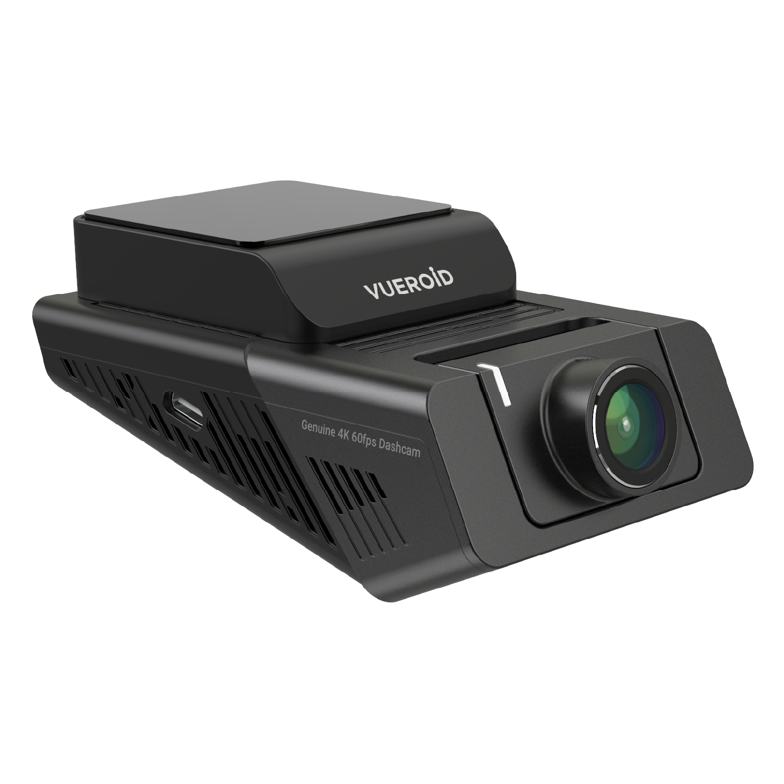 Zwarte dashcam met Vueroid-logo en tekst 'Genuine 4K 60fps Dashcam'.