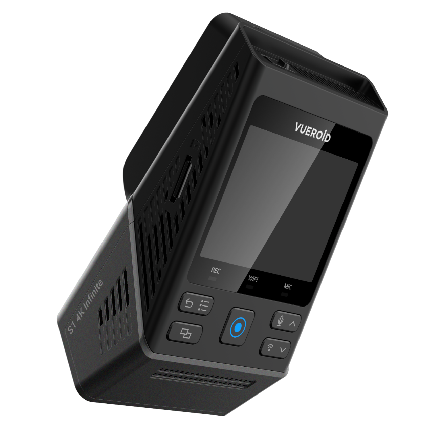 Zwarte Vueroid S1 4K Infinite dashcam met scherm en knoppen.
