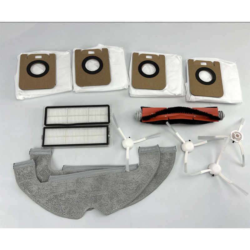 Robot vacuum cleaner accessories: dust bags, filters, main brush, side brushes, and mop pads.