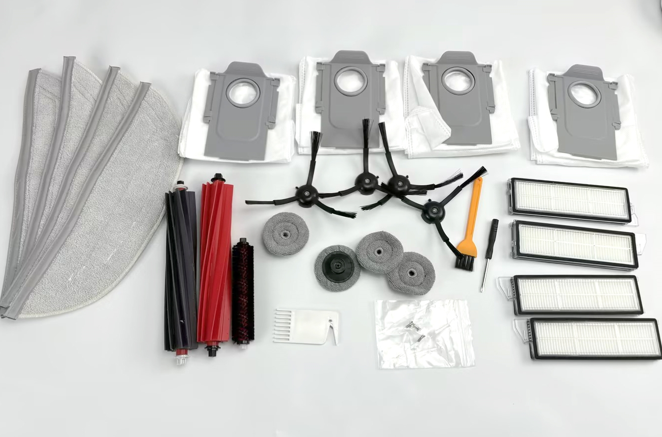 Robot vacuum cleaner accessories: filters, brushes, mop cloths, dust bags.