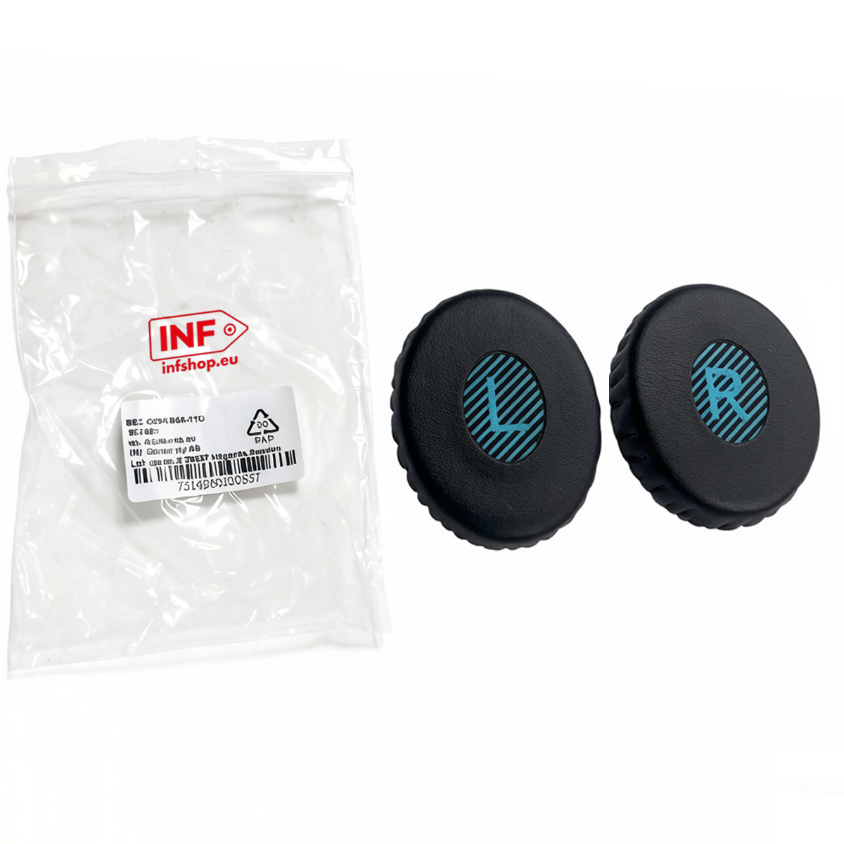 Een zak met INF-logo en twee koptelefoon-oorkussens, links en rechts.