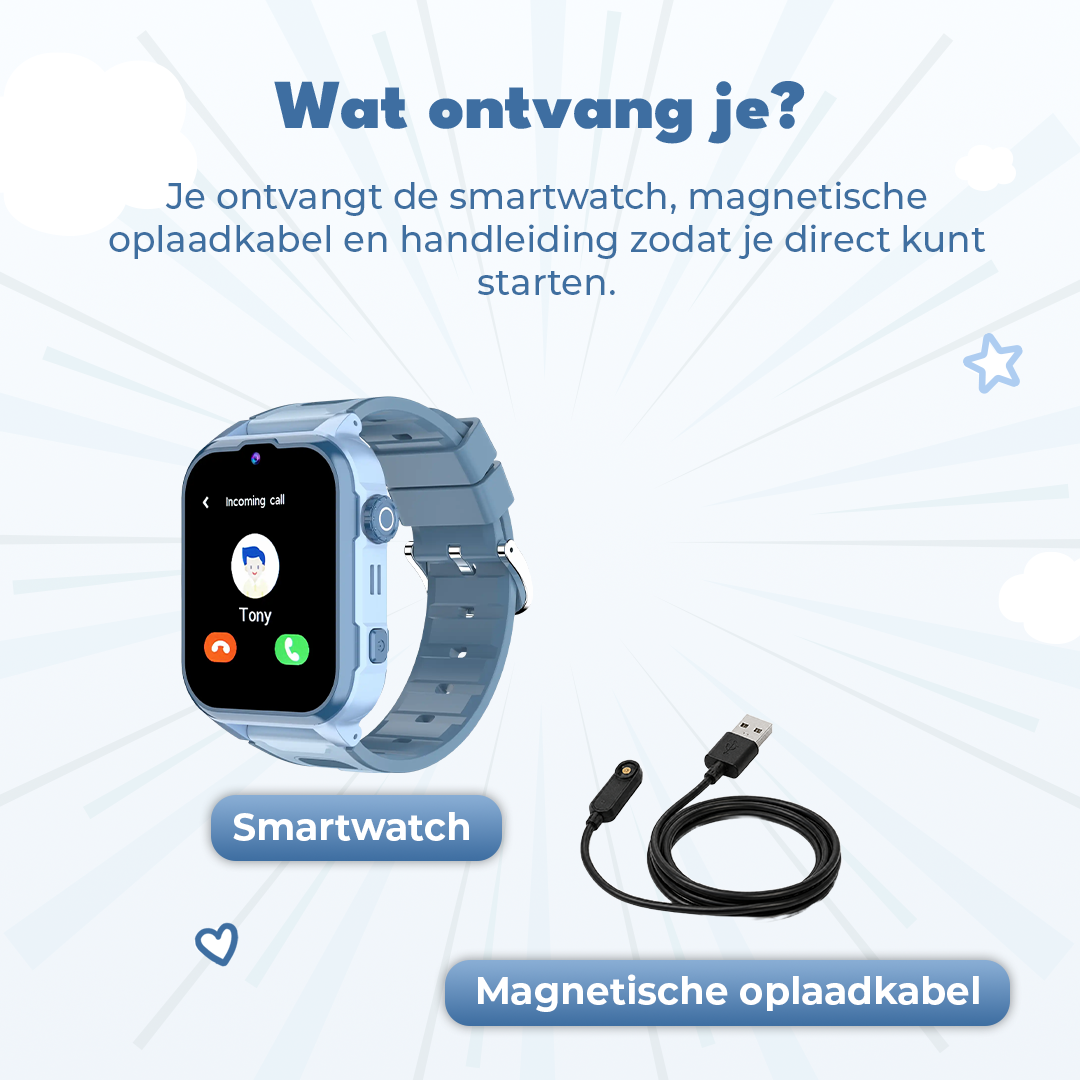 Blue smartwatch with charging cable and text.