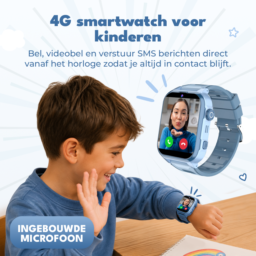 A boy waves, looking at a blue 4G smartwatch displaying a woman blowing a kiss.