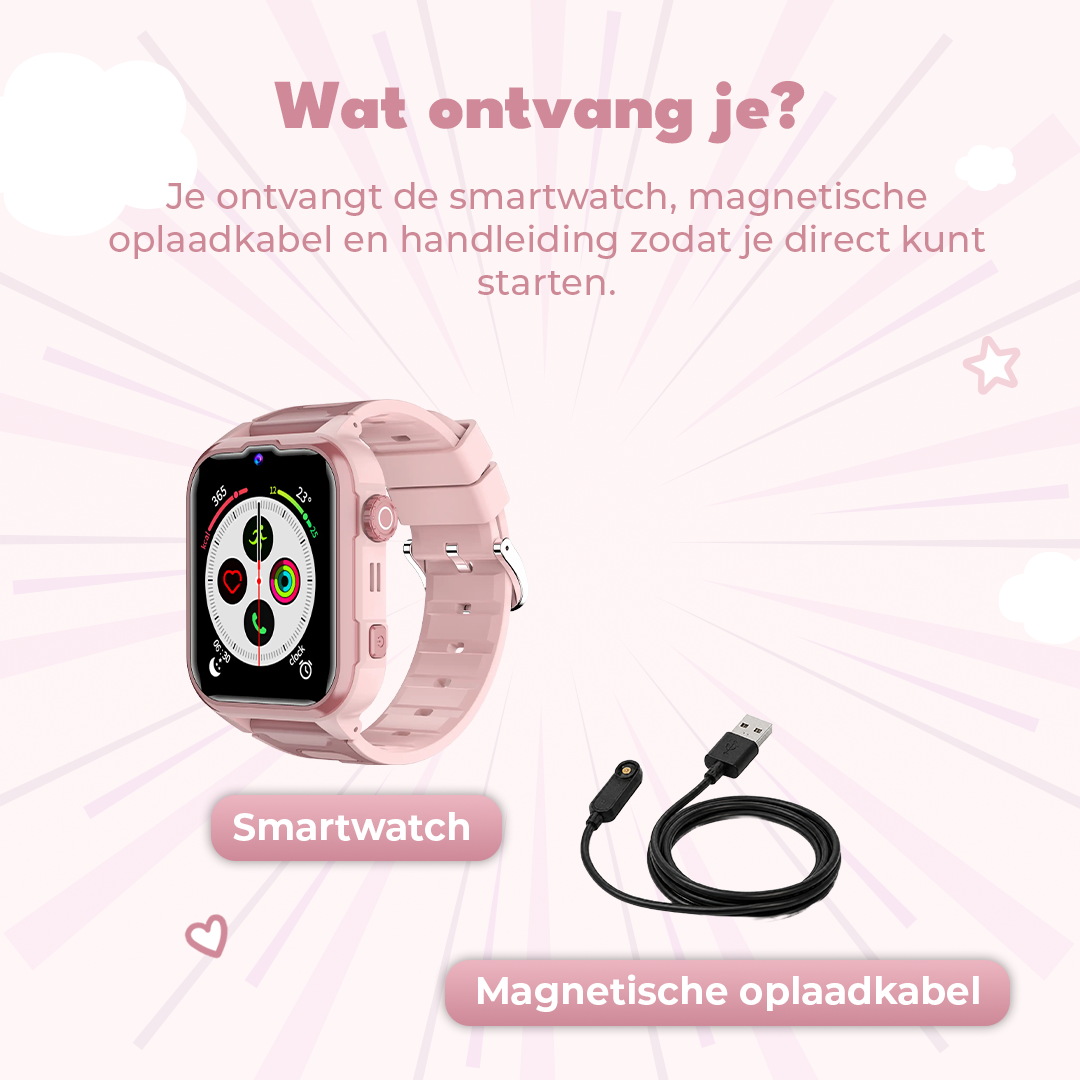 Une montre connectée rose et son câble de chargement sur fond rose.
