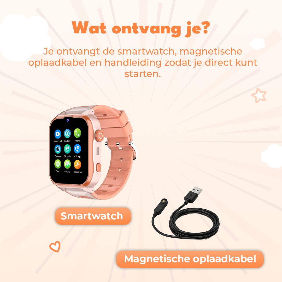 A pink smartwatch and charging cable. Text details what is included.