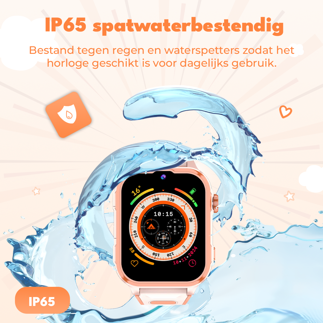 A pink smartwatch with water splash protection is shown surrounded by water.