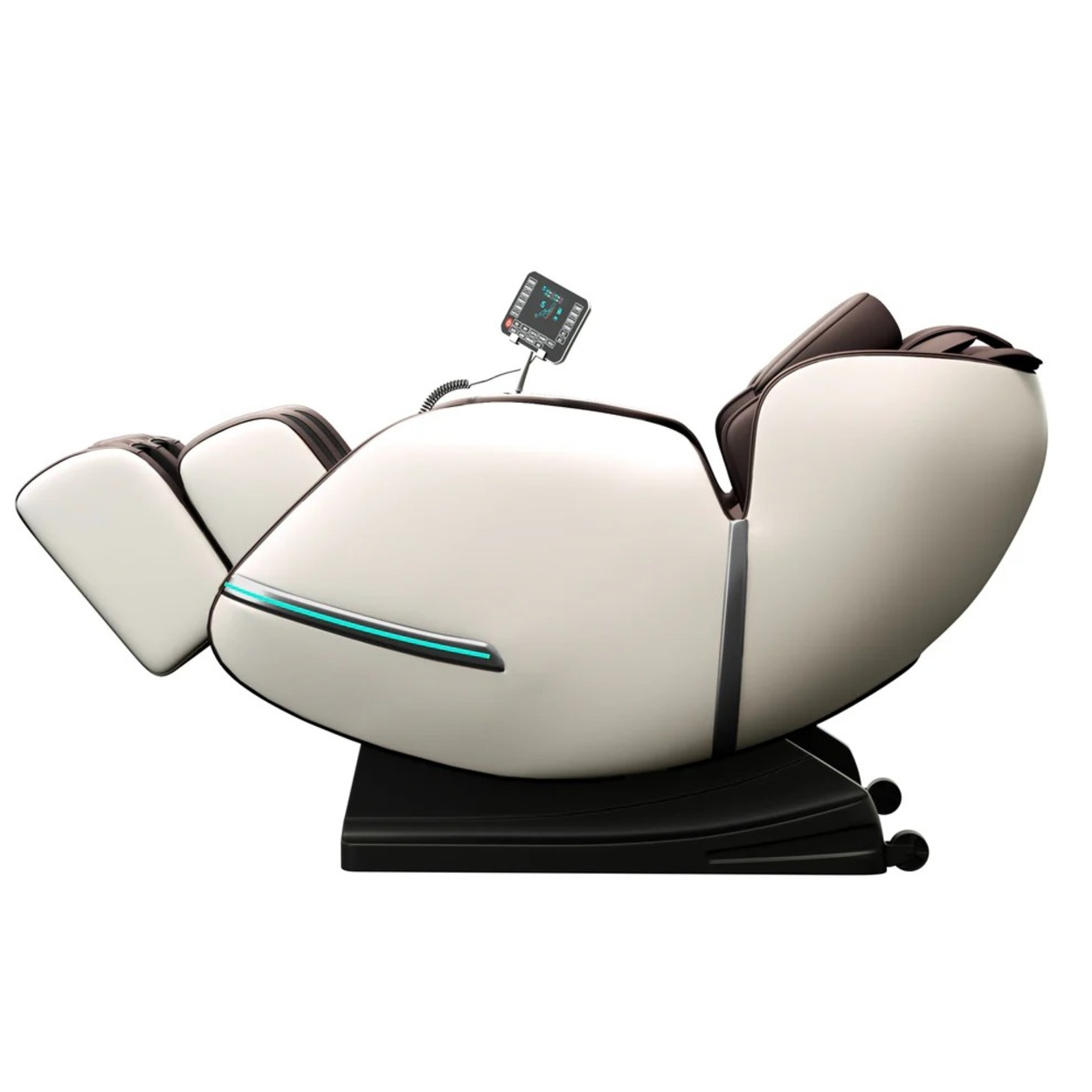 Een witte massagestoel met bedieningspaneel en blauwe accenten.