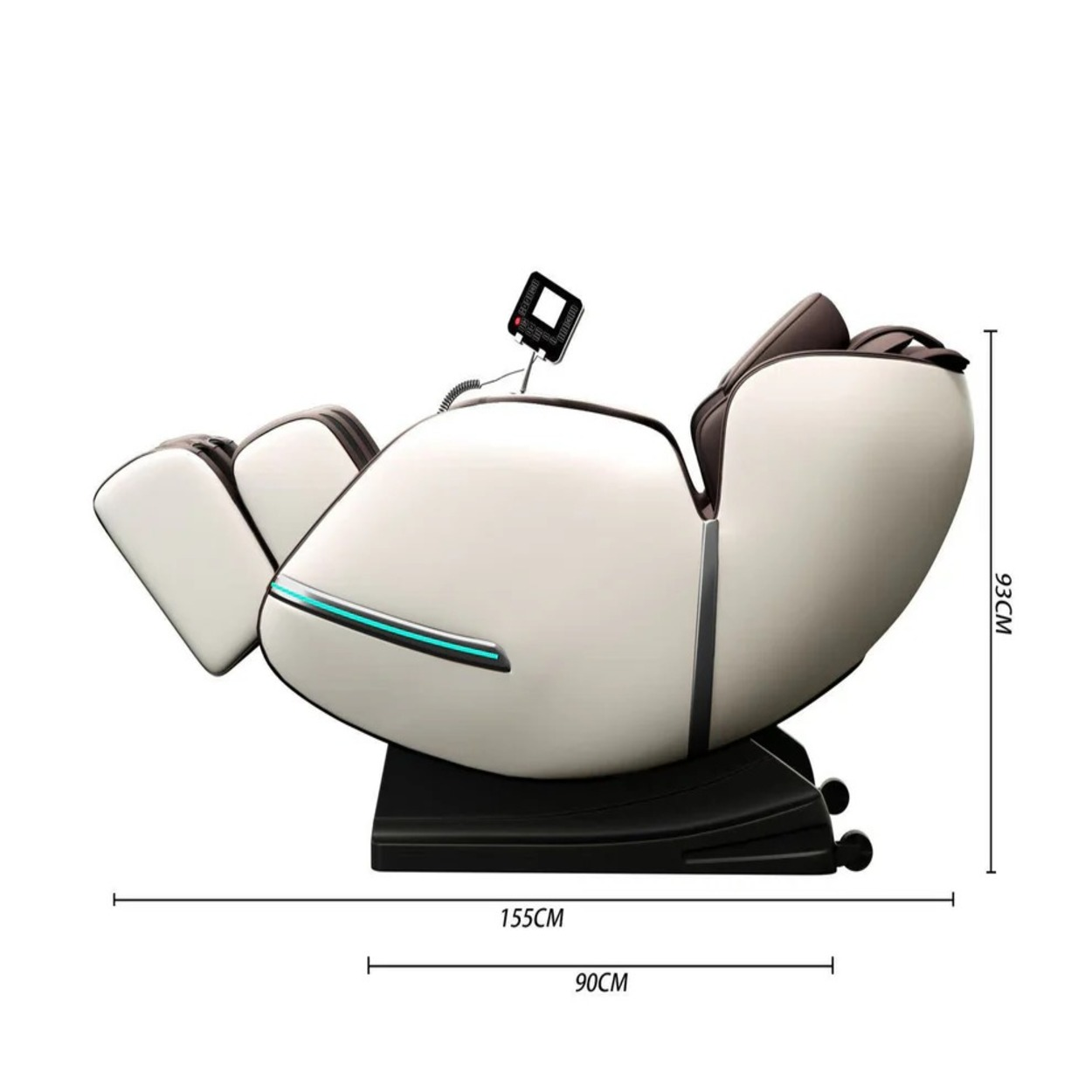 Witte massagestoel met afstandsbediening en afmetingen (155cm, 90cm, 93cm).