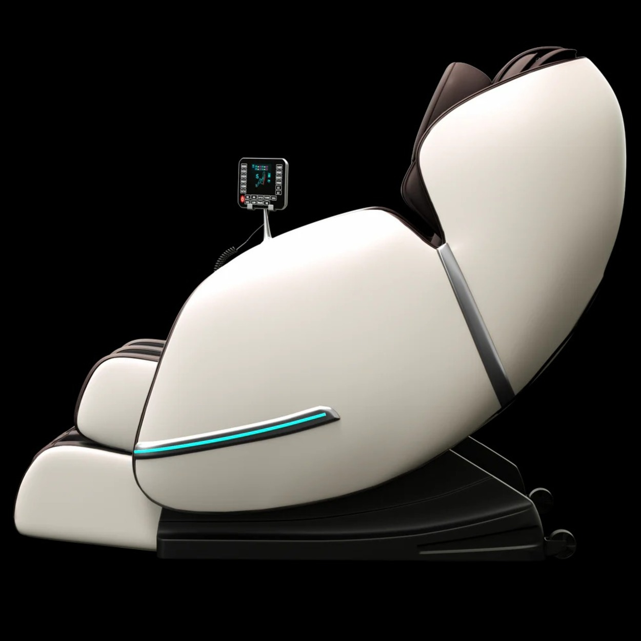 Een witte hightech massagestoel met zwart interieur en bedieningspaneel.
