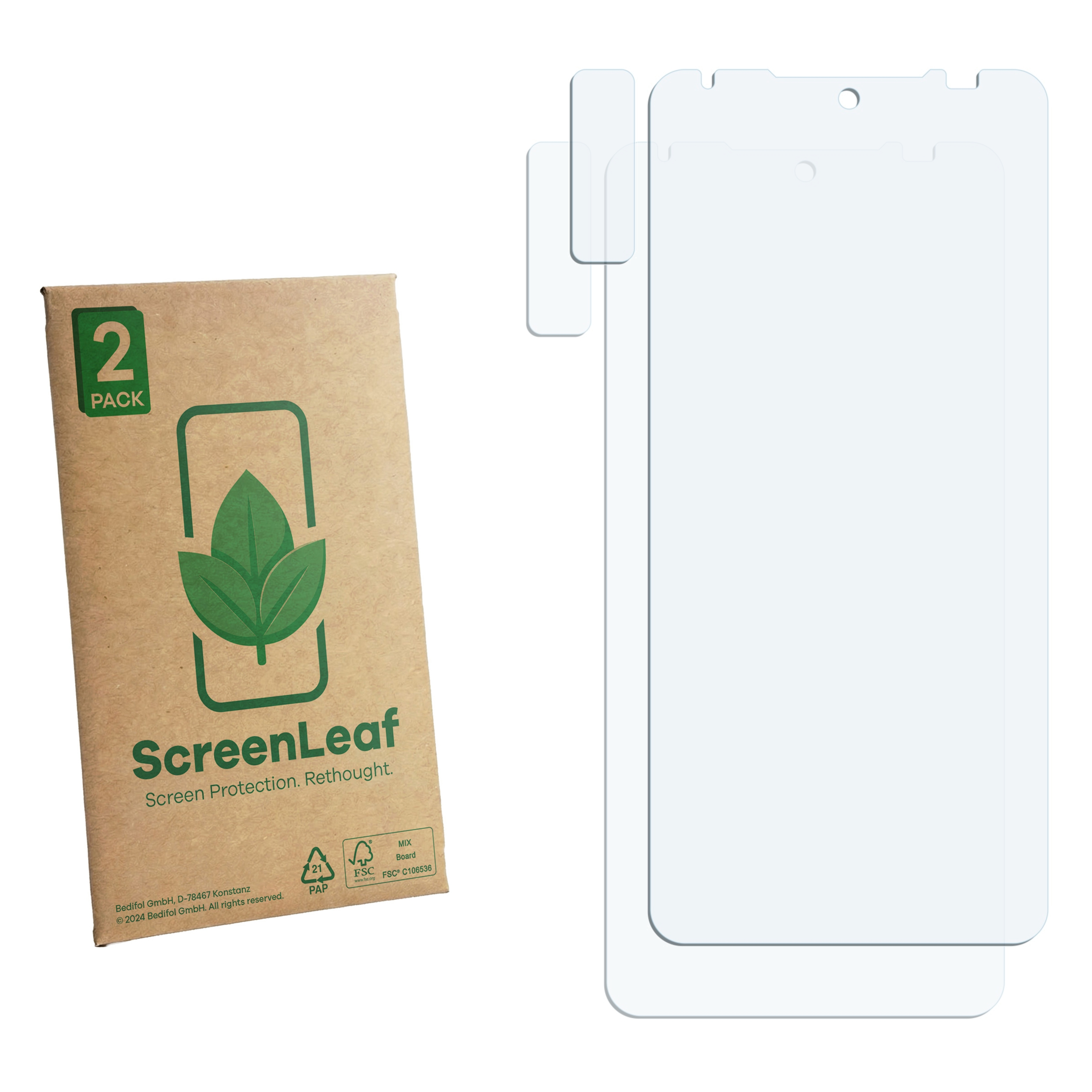 Eine Packung mit zwei Displayschutzfolien und einer braunen Pappverpackung von ScreenLeaf.