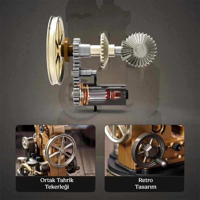 Motorlu mekanik güç aktarma organı ve retro cihazların iki yakın çekimi.