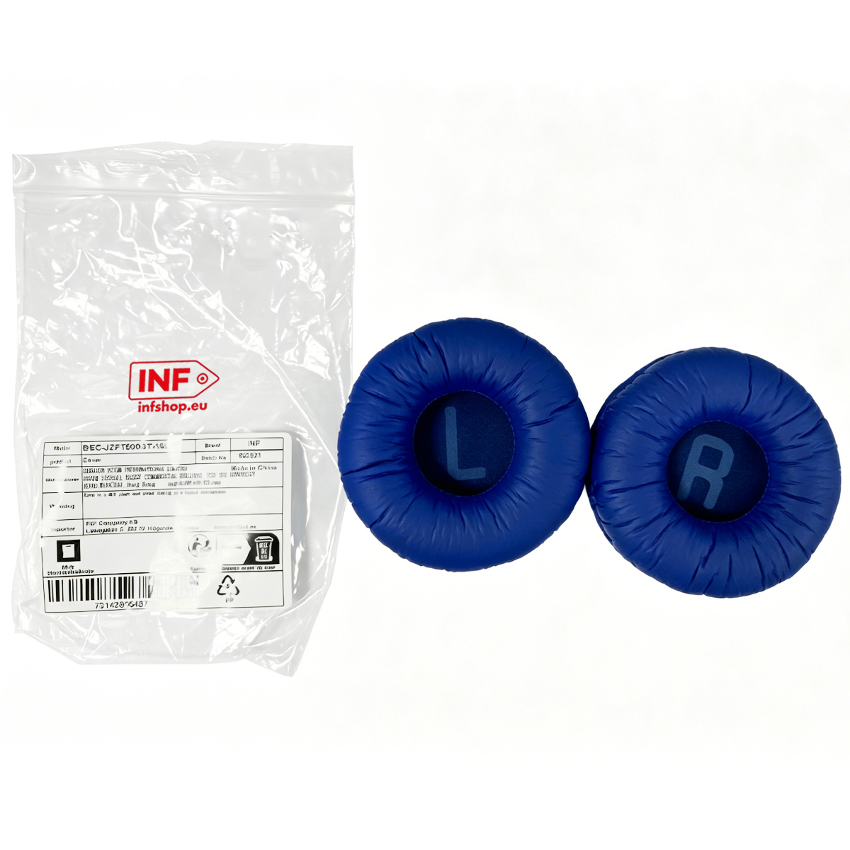 Zwei blaue Kopfhörerpolster, eins mit L, eins mit R, neben einer Verpackung.