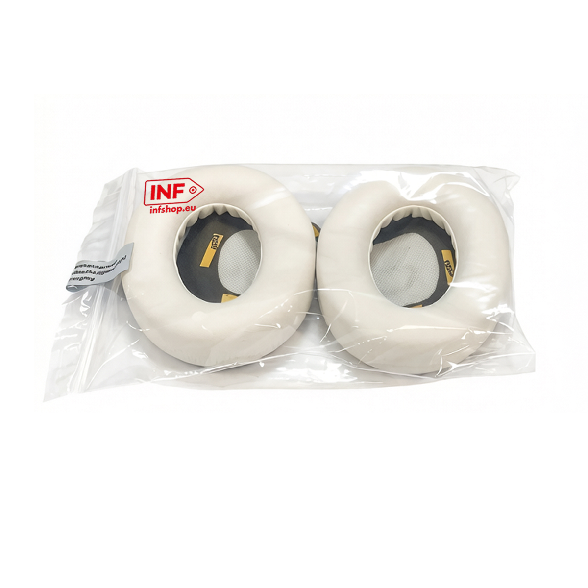Zwei weiße Ohrpolster in einer Plastikverpackung, mit rotem INF-Logo.