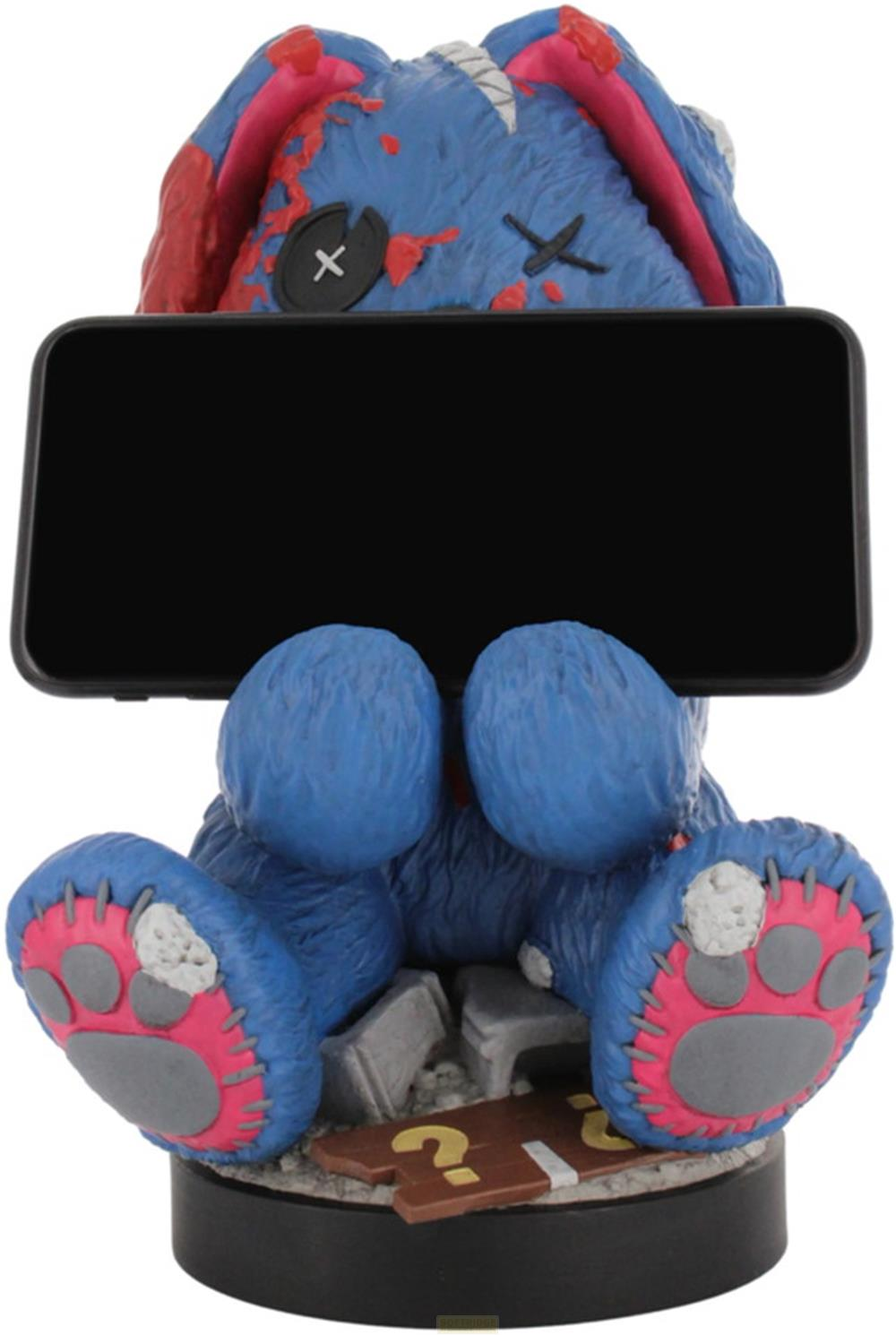 Blaues Plüschtier mit Stichen, hält ein schwarzes Telefon. Rosa Tatzen und rote Akzente.