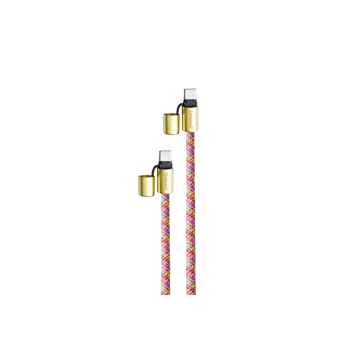 Zwei USB-C-Kabel mit buntem Geflecht und goldenen Kappen.