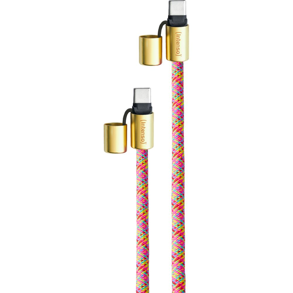 Zwei Intenso Ladekabel mit bunten, geflochtenen Kabeln und goldenen Kappen.