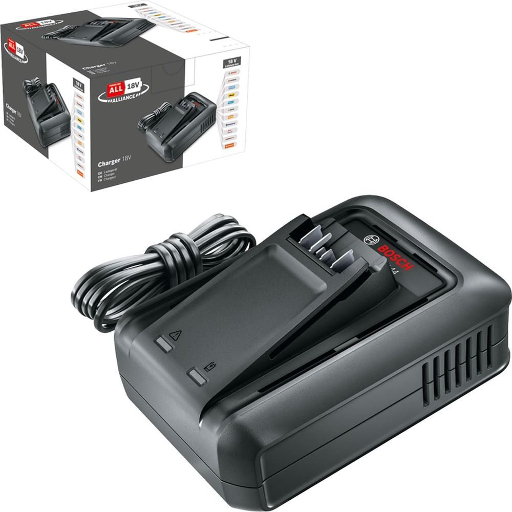 Ein schwarzes Bosch 18V Ladegerät mit Kabel und Verpackung.