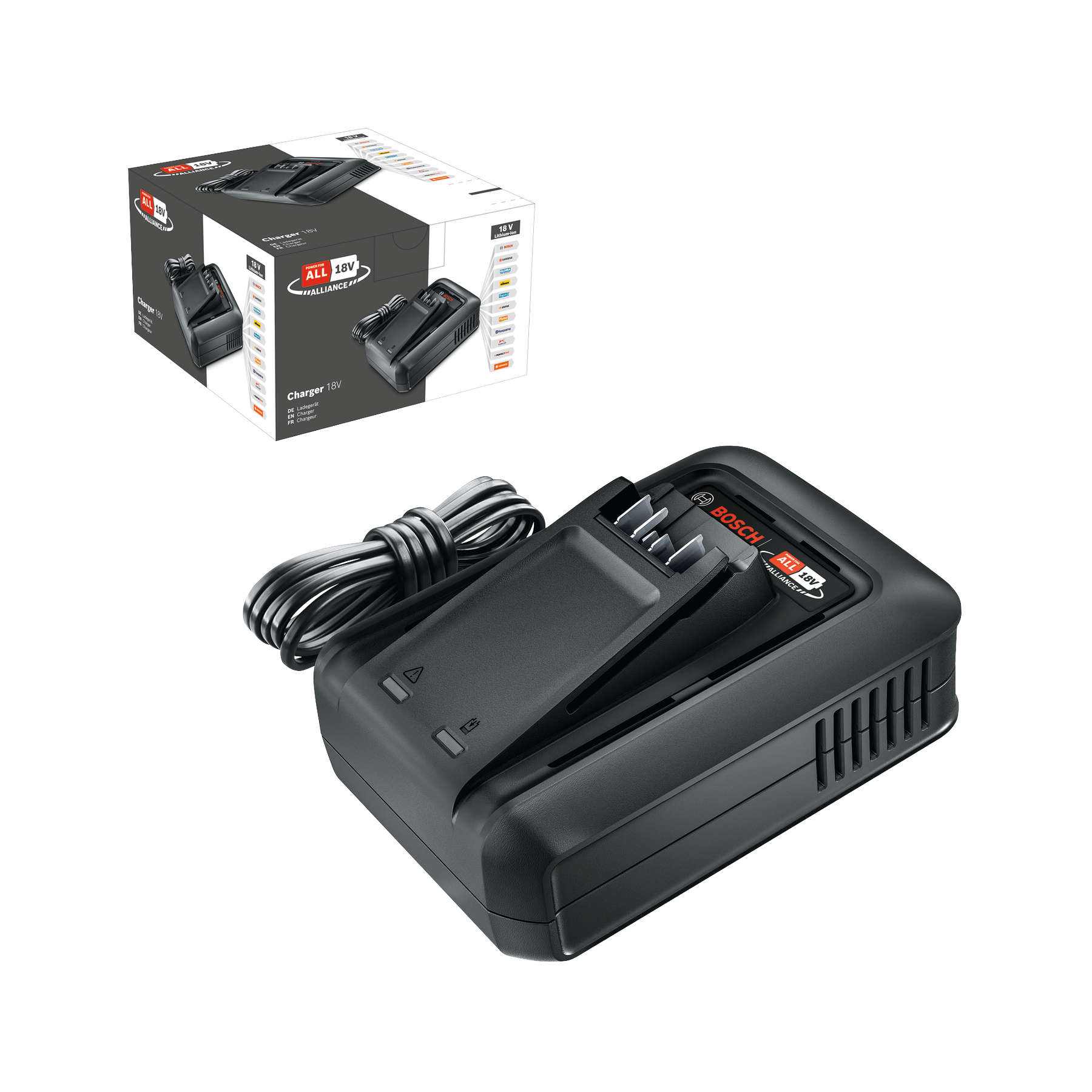 Schwarzes Ladegerät für 18V-Akkus mit Kabel und Bosch-Logo.