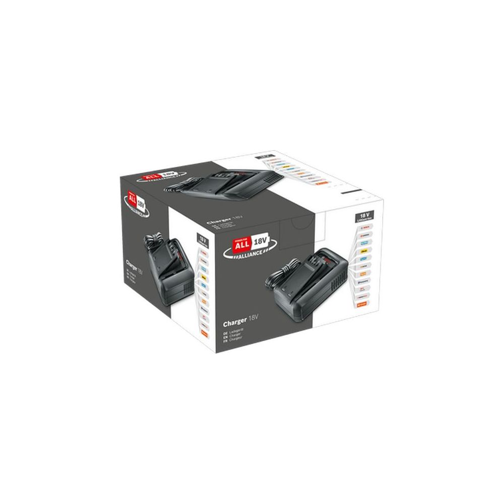 Verpackung mit zwei 18V Ladegeräten und Kabeln von ALLIANCE.